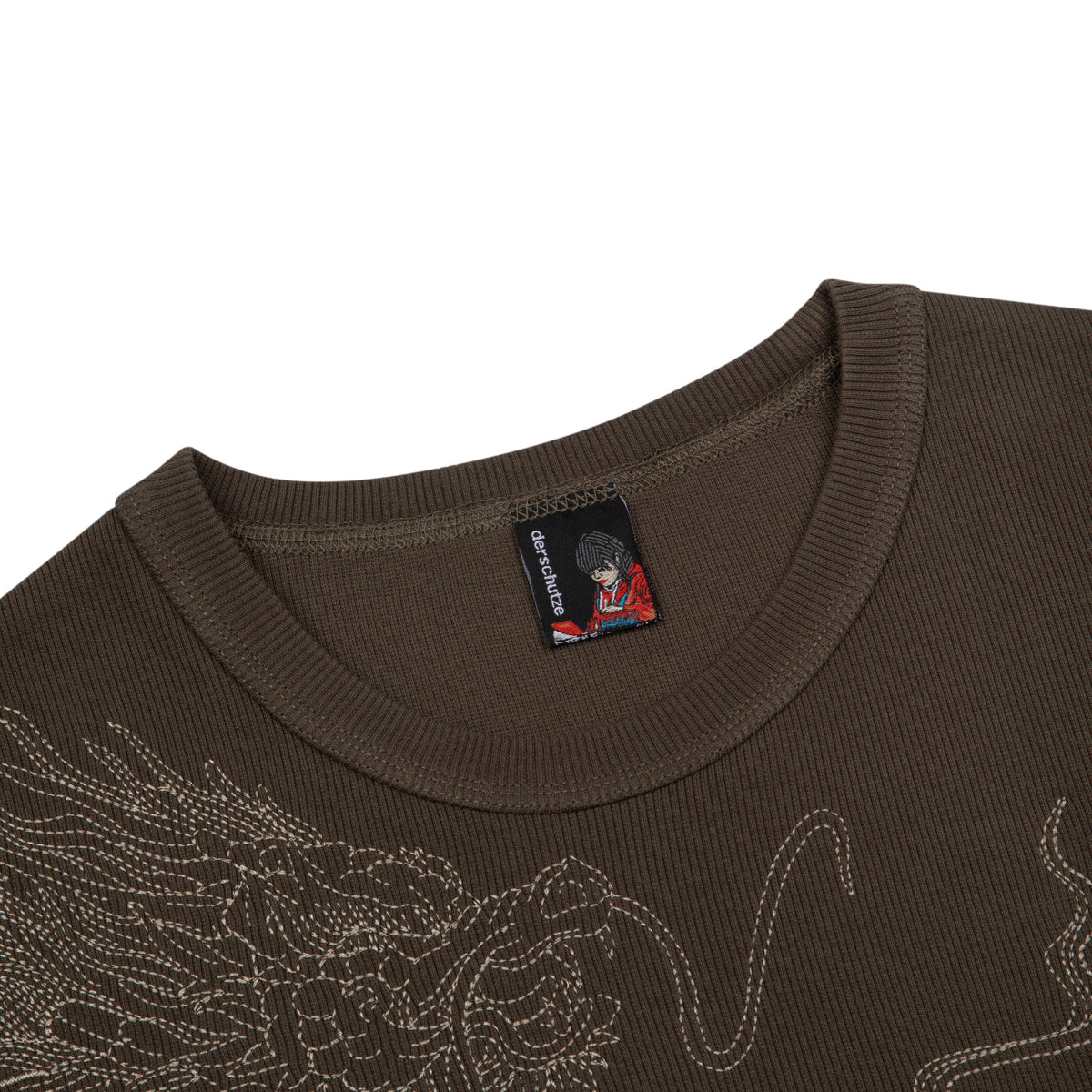 Derschutze Yakuza Ribbed T-Shirt in Anthracite - ribbed collar and woven brand label