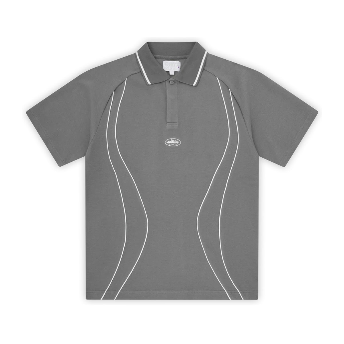 Grey piqué polo shirt with white curved piping and a tipped collar, shown flat from the front.