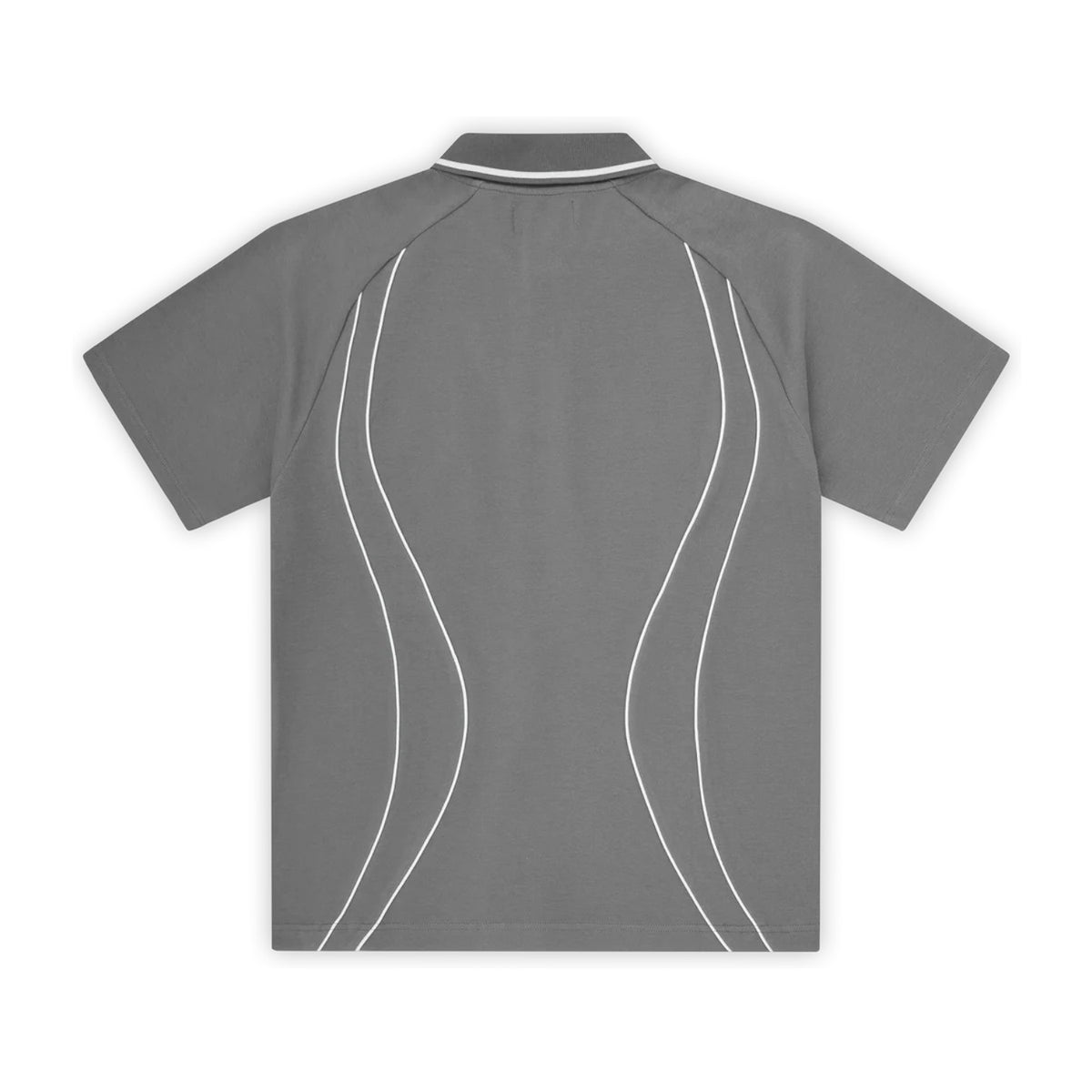 Back view of the grey polo shirt showing the curved white piping.
