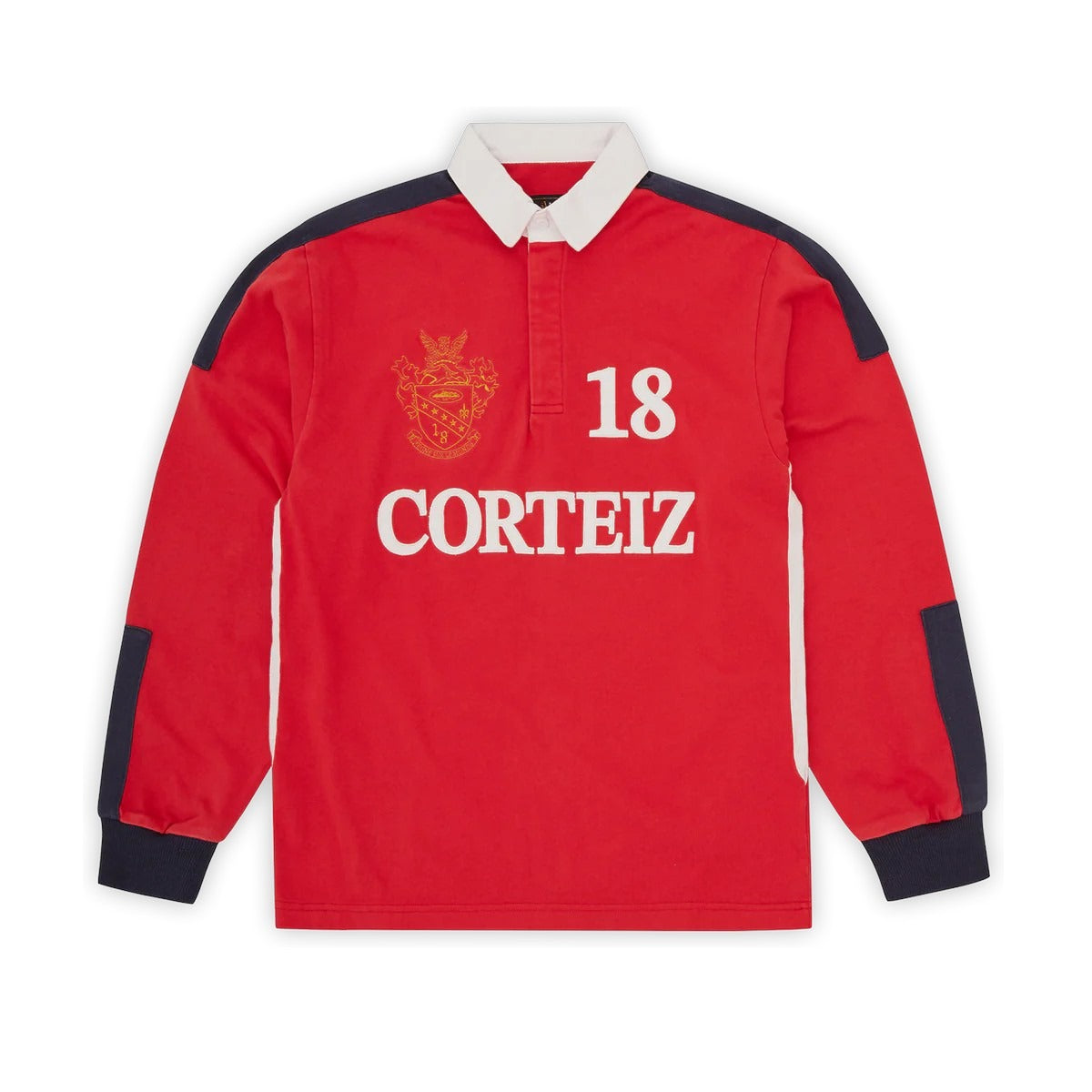 OFFCODE panelled rugby shirt in red with appliqué chest logo and embroidered crest