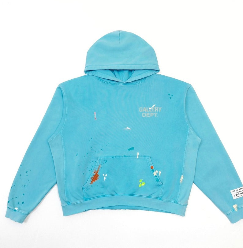 Gallery Dept. paint-splatter logo hoodie in sky blue