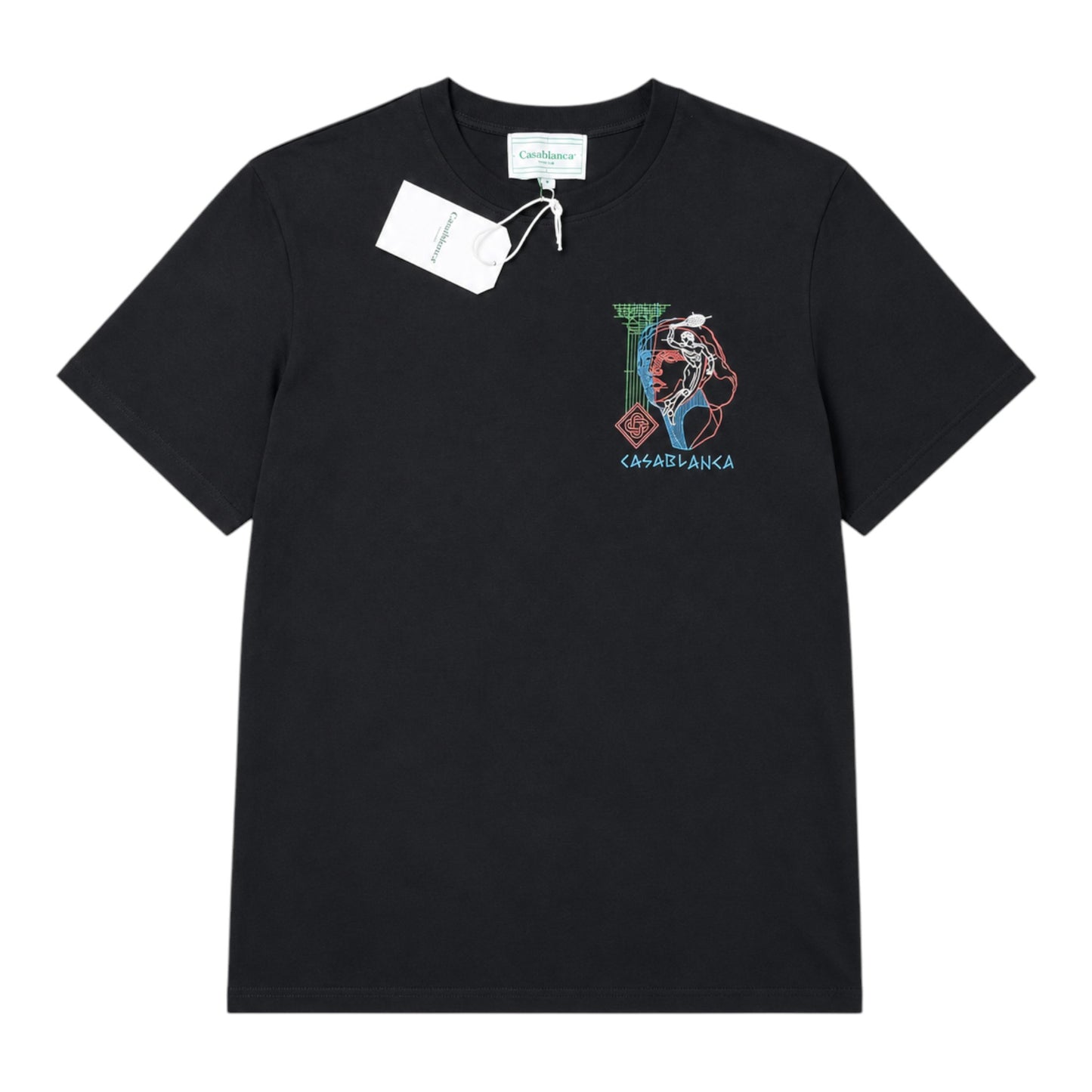 OFFCODE.USA black cotton t-shirt with a neon graphic print of a face and "CASABLANCA" text.