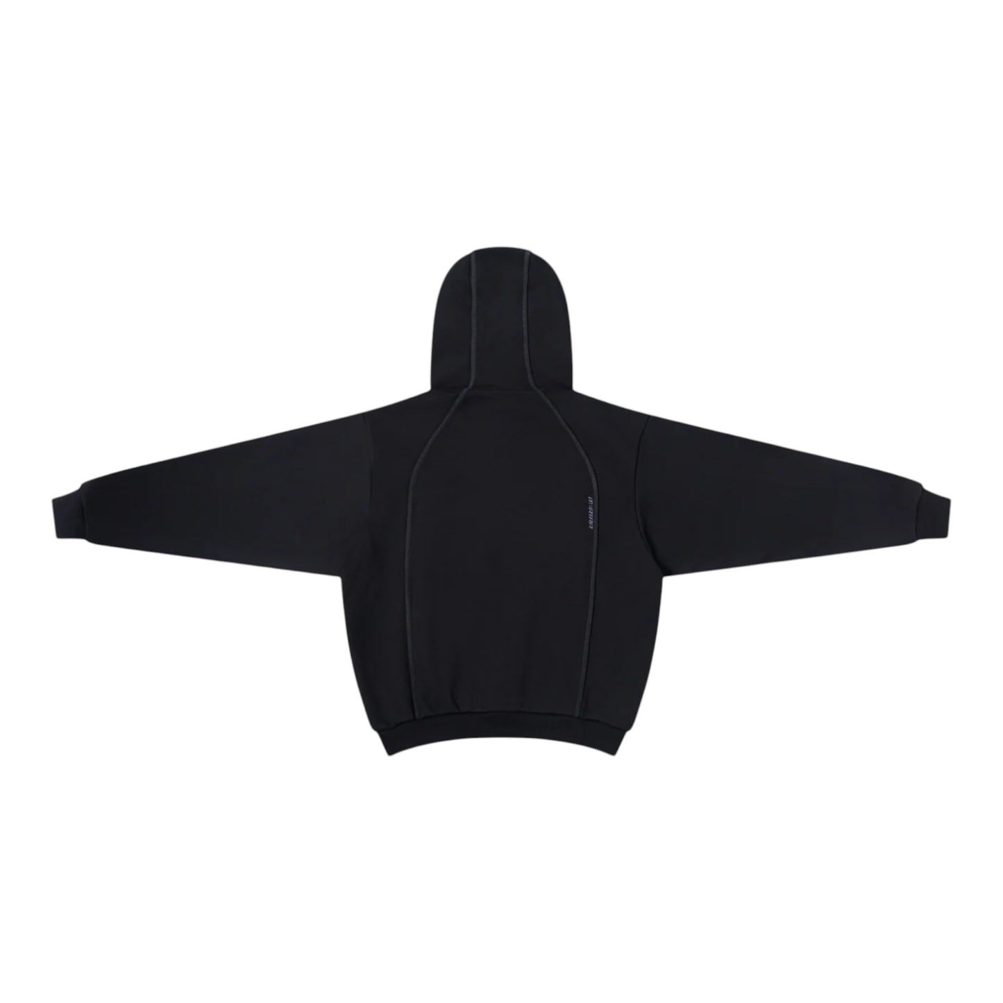 OFFCODE.USA black cotton poly blend hoodie with embroidered graphics, overlock stitch paneling, hood toggles, and hidden zipper pockets.