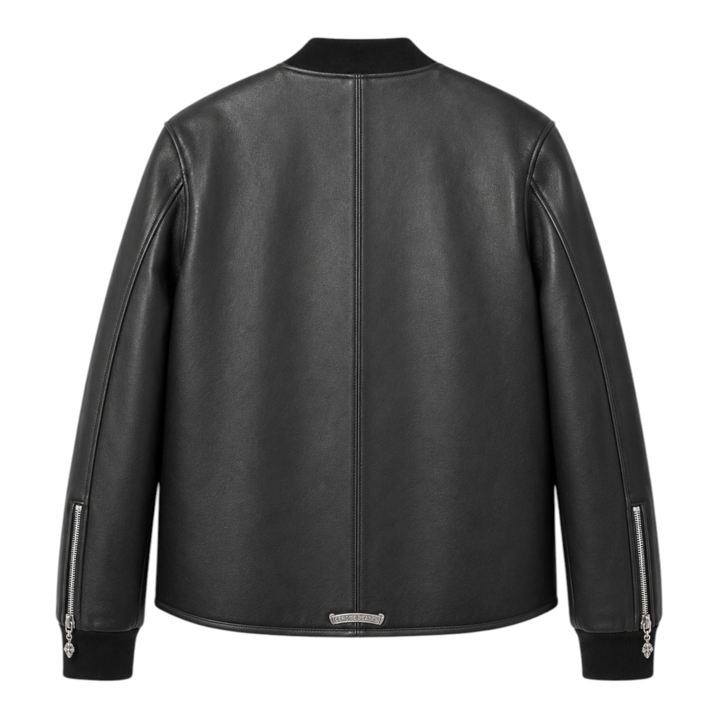 OFFCODE.USA black leather bomber jacket with silver zipper details and a subtle logo emblem on the back hem.