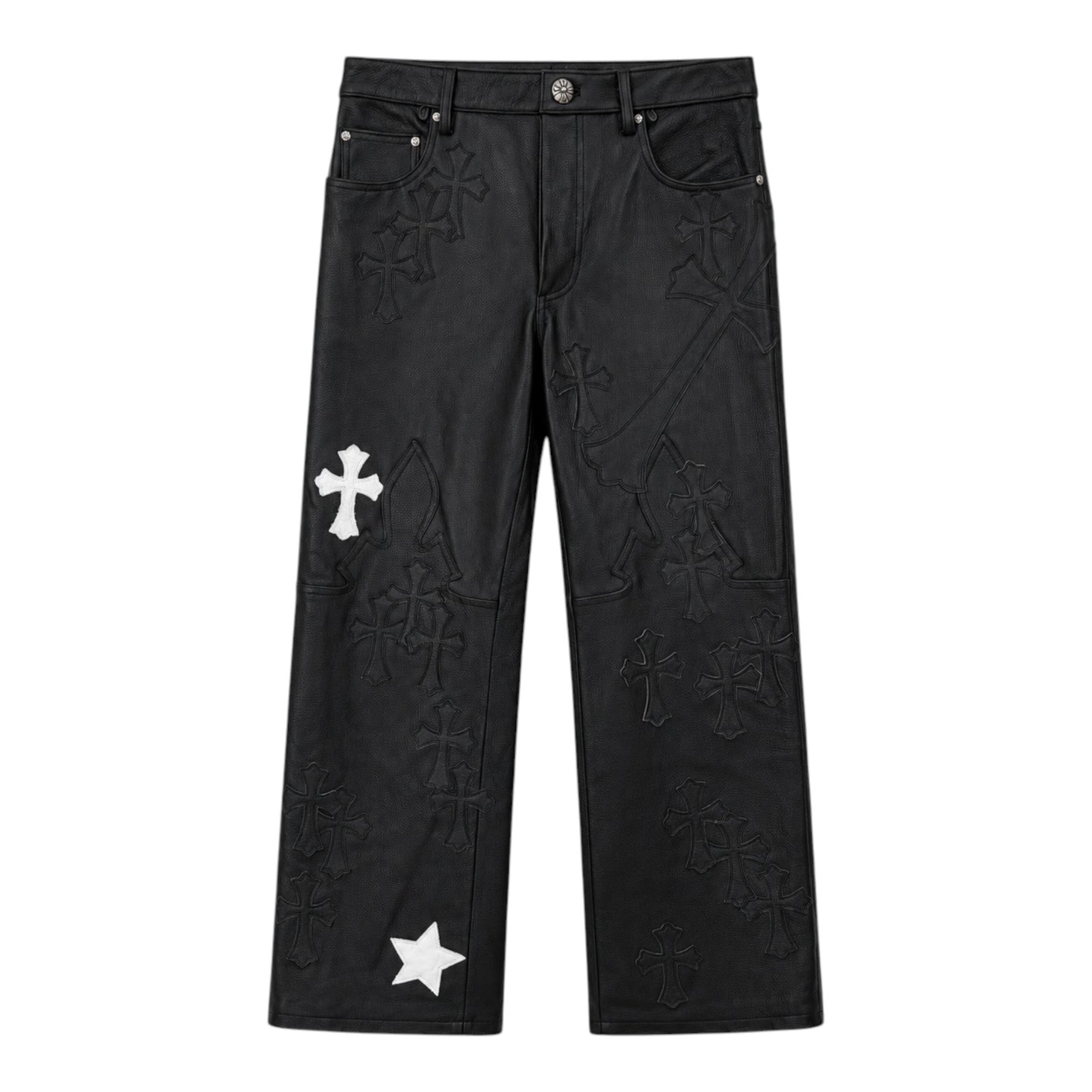 OFFCODE.USA black leather pants featuring white cross and star patches with detailed fleur knee embroidery