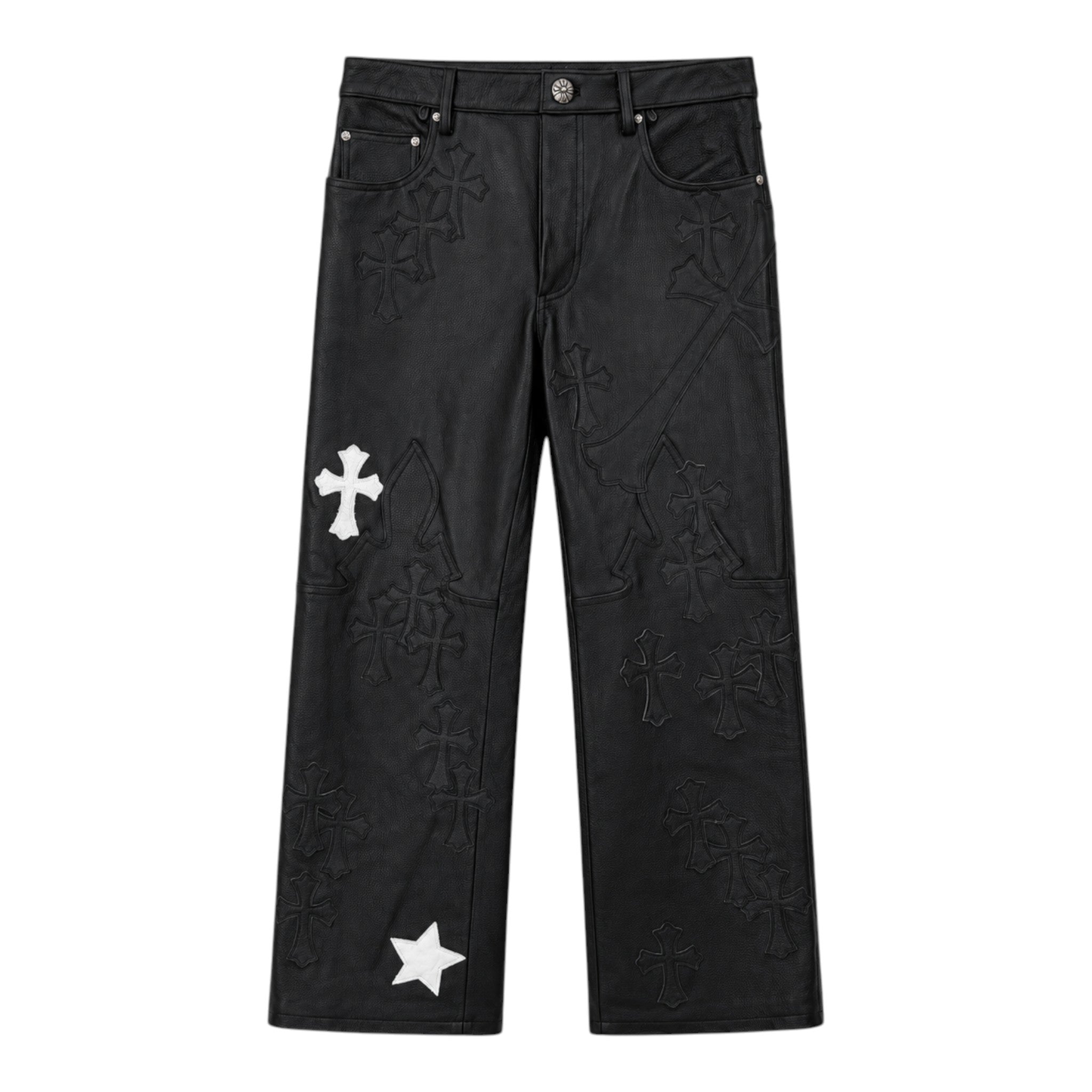 OFFCODE.USA black leather pants featuring white cross and star patches with detailed fleur knee embroidery
