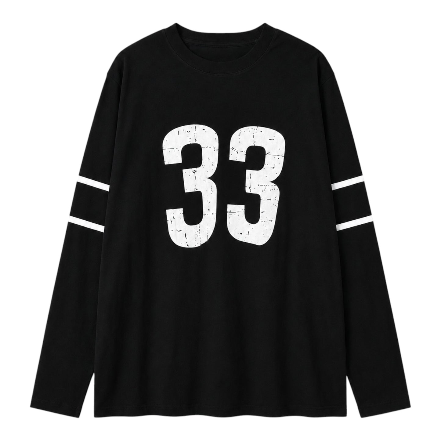 OFFCODE.USA black long sleeve tee featuring a distressed white number 33 graphic and white sleeve stripes