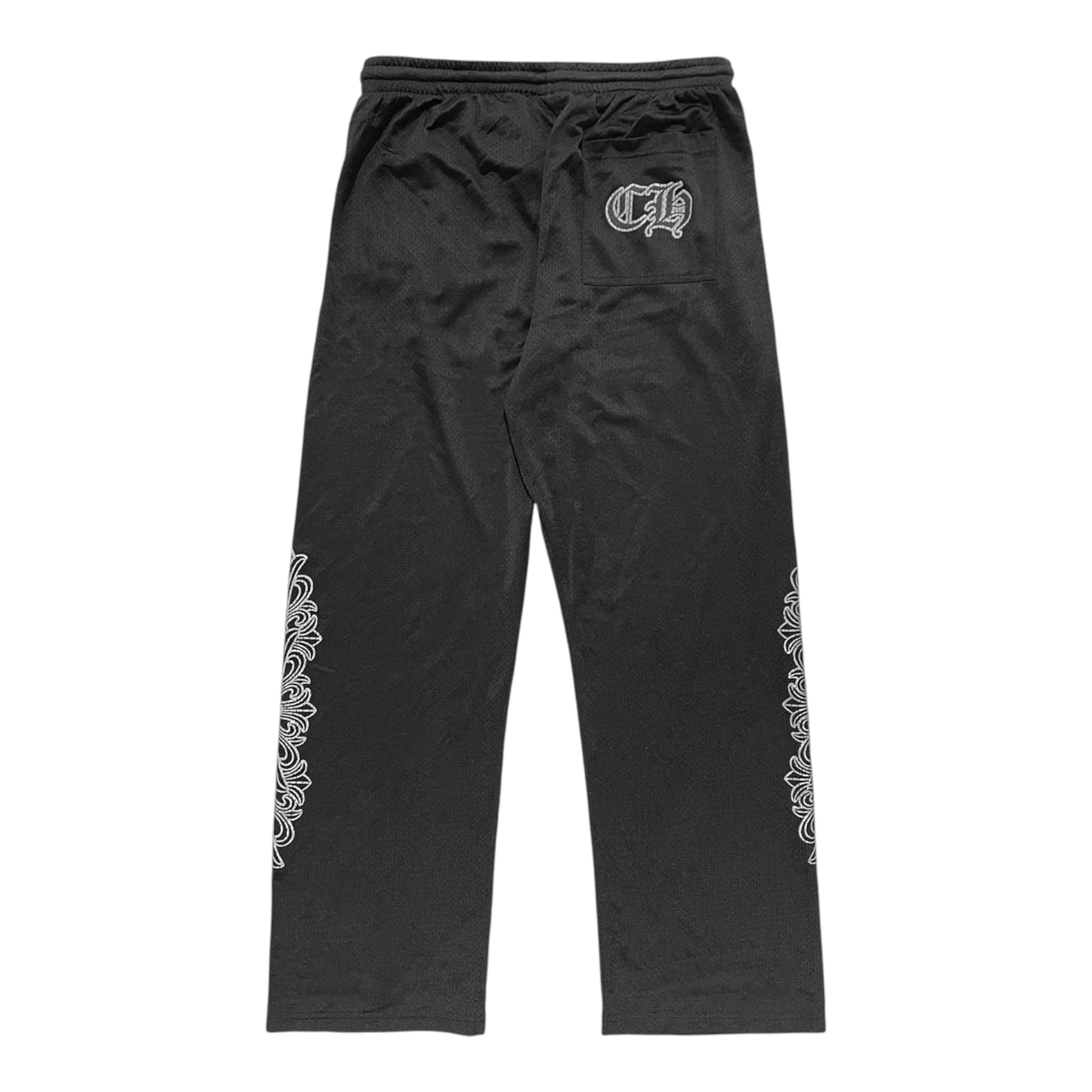 OFFCODE.USA black mesh varsity pants featuring white gothic CH logo on back pocket and floral side leg detailing