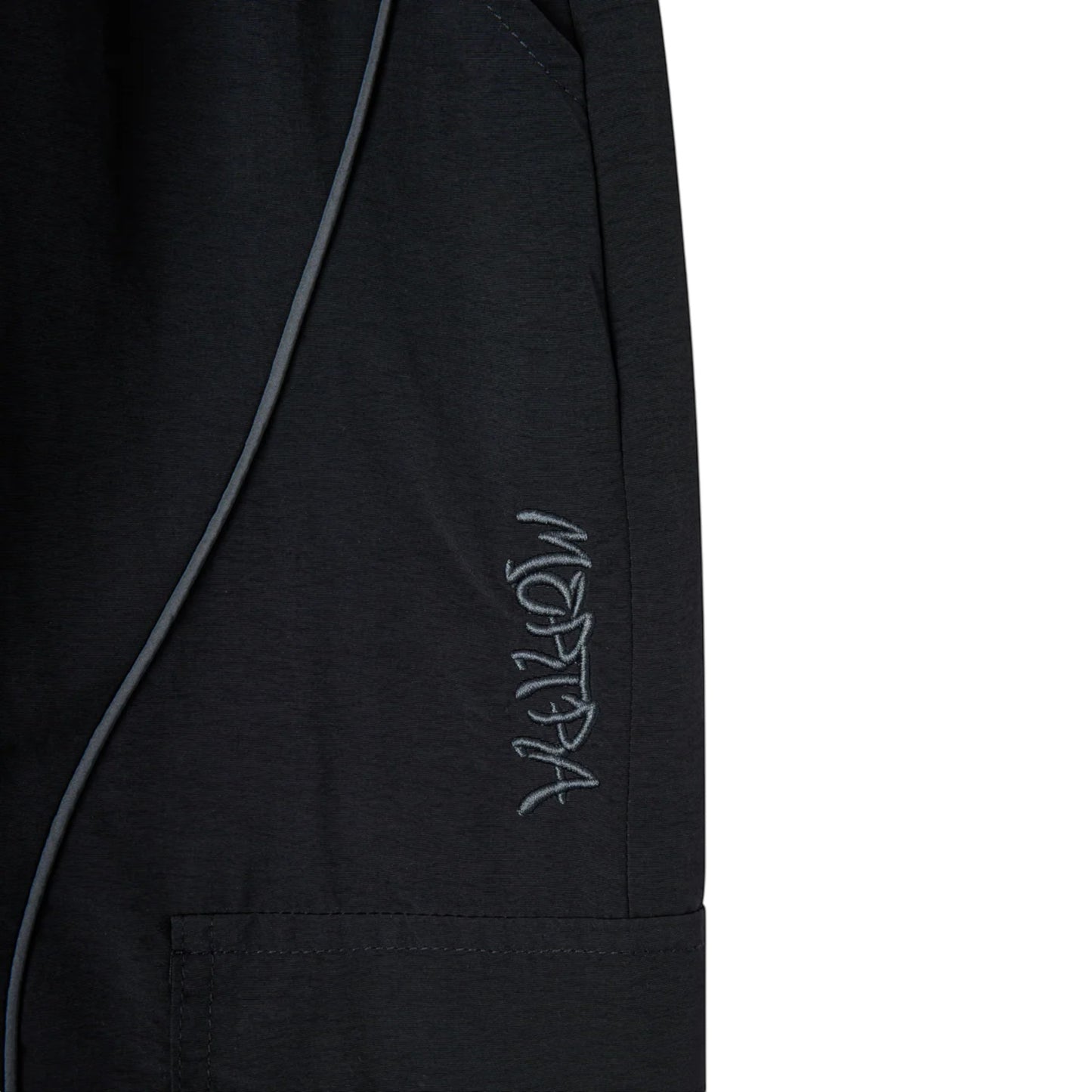 OFFCODE.USA black nylon Pulse shorts with mesh lining, 3D piping, embroidered graphics, and cargo pockets.