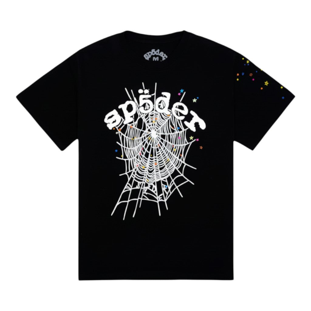 OFFCODE.USA black cotton crew neck t-shirt with white spider web graphic and colorful stars on sleeve.