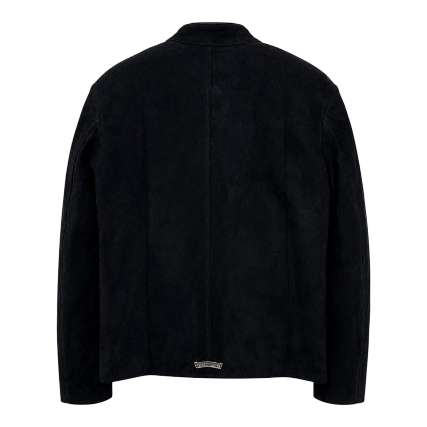 OFFCODE.USA black suede Chrome Hearts zip jacket with silver dagger hardware detail on the back hem