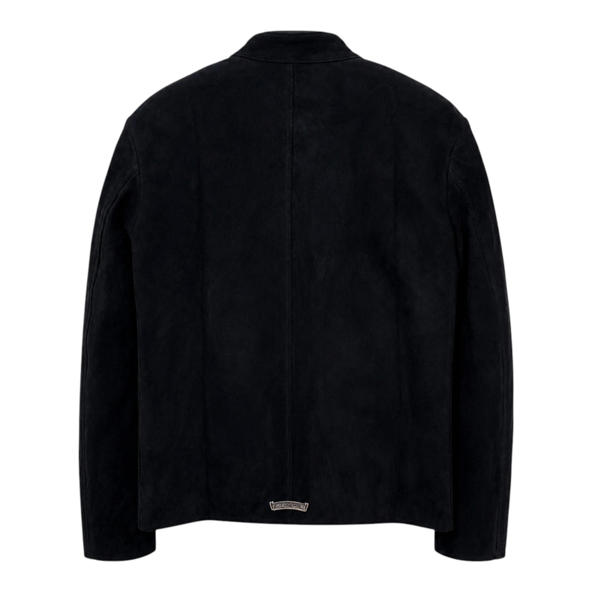 OFFCODE.USA black suede Chrome Hearts zip jacket with silver dagger hardware detail on the back hem