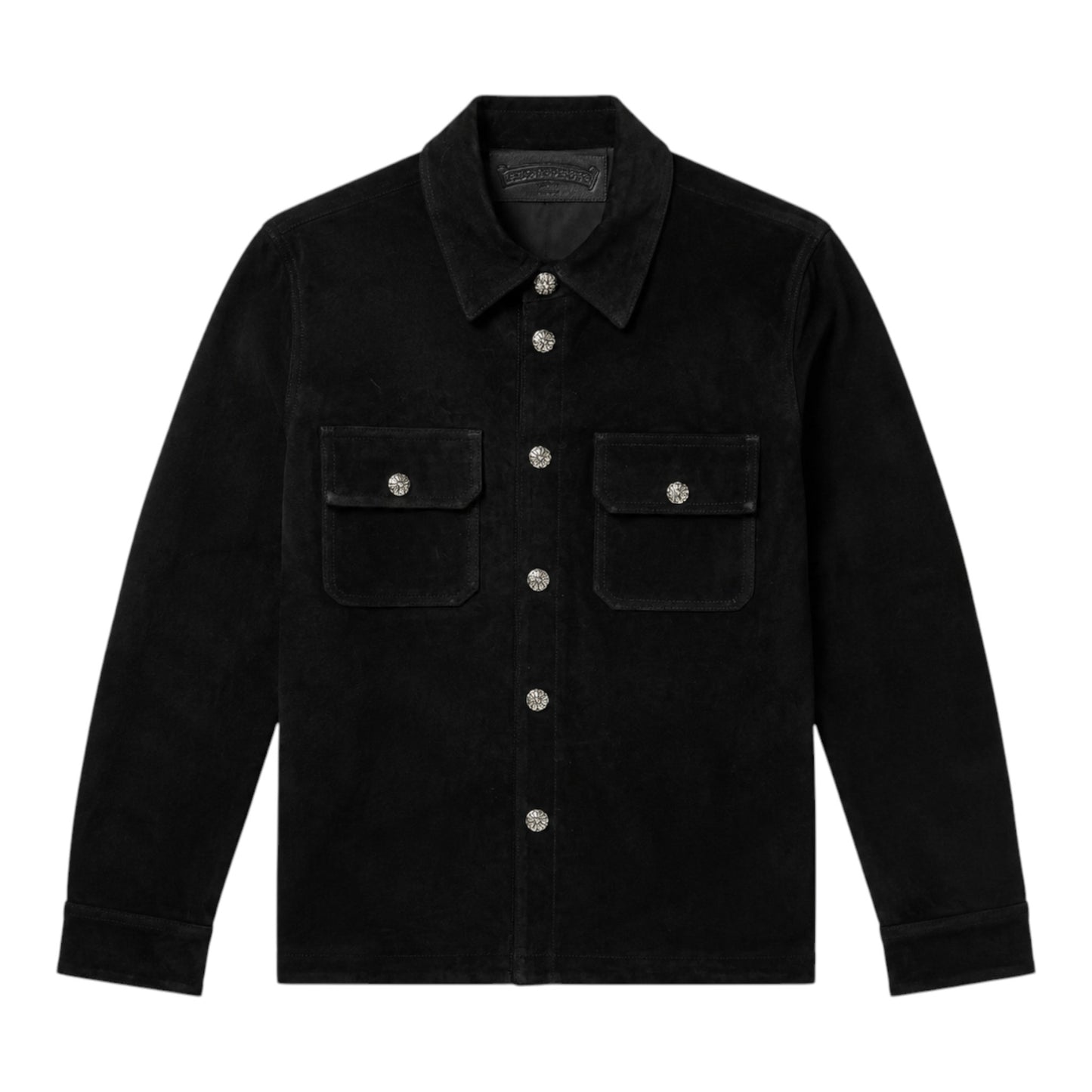 OFFCODE.USA Black Suede Work Dog Shirt Jacket with silver button details and two chest pockets.