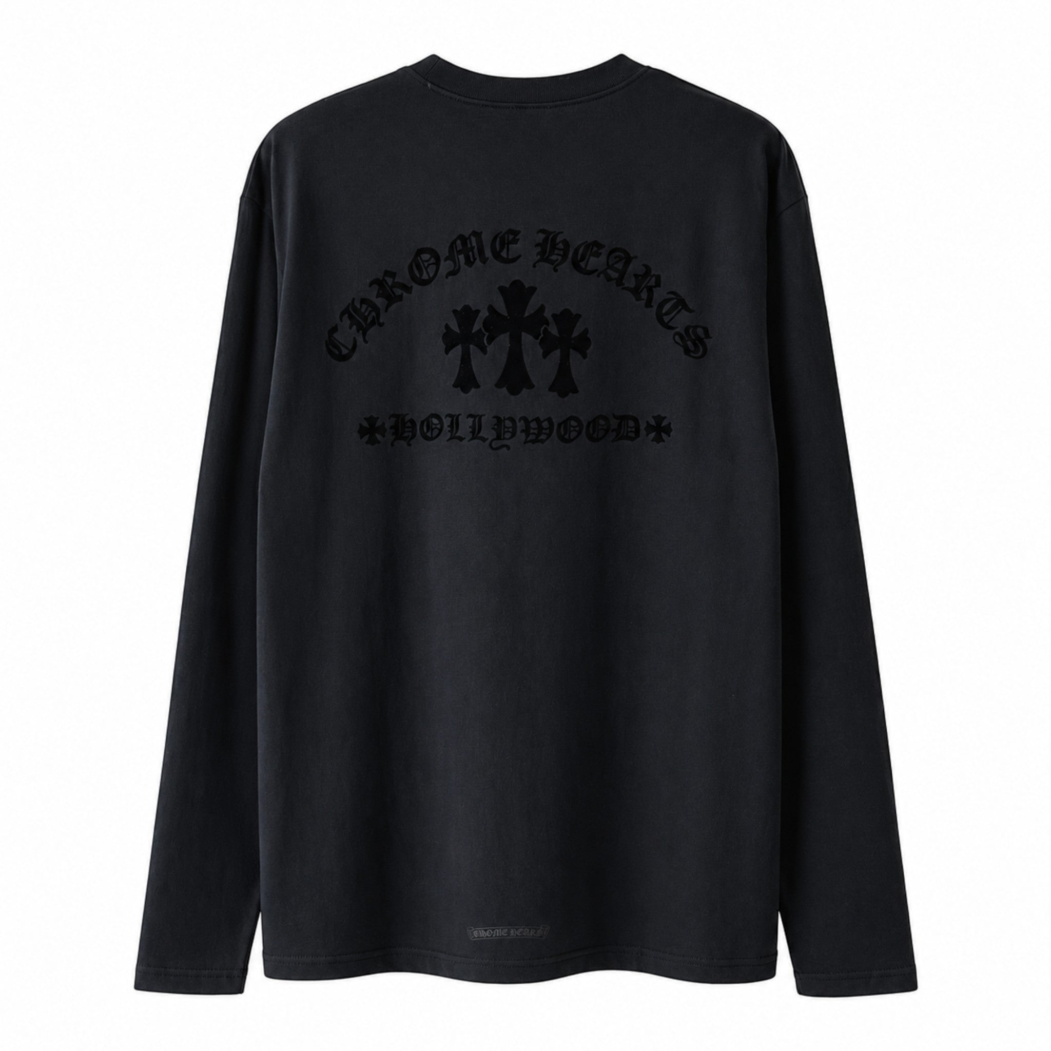 OFFCODE.USA black long sleeve t-shirt featuring a back graphic with triple cross logo and Hollywood text