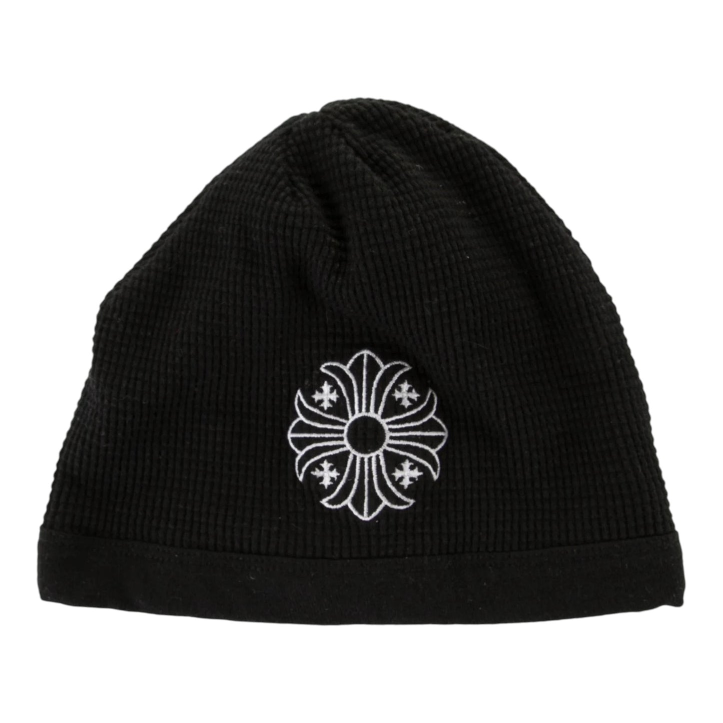 OFFCODE.USA black waffle thermal beanie featuring a white embroidered Chrome Hearts cross logo on the front.