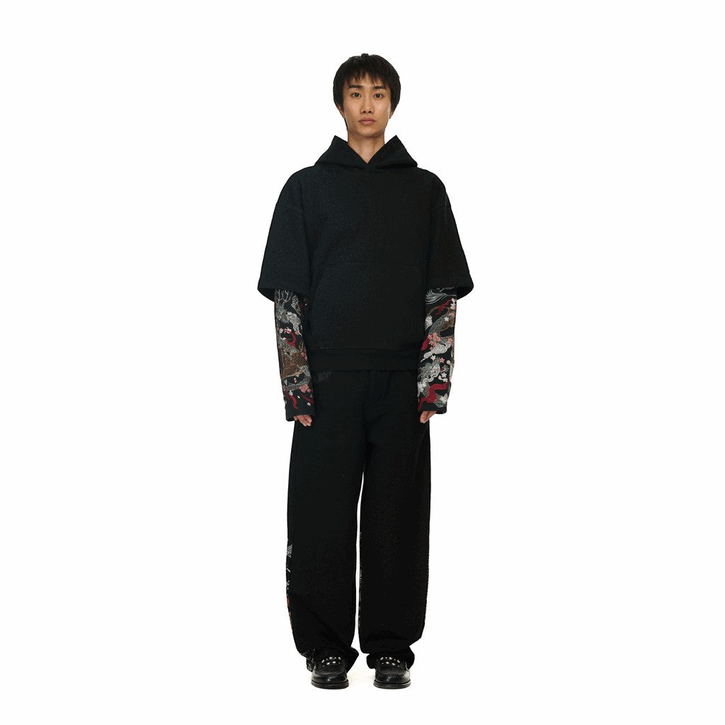 OFFCODE.USA black double sleeve hoodie with Yakuza embroidery on sleeves. 100% cotton.