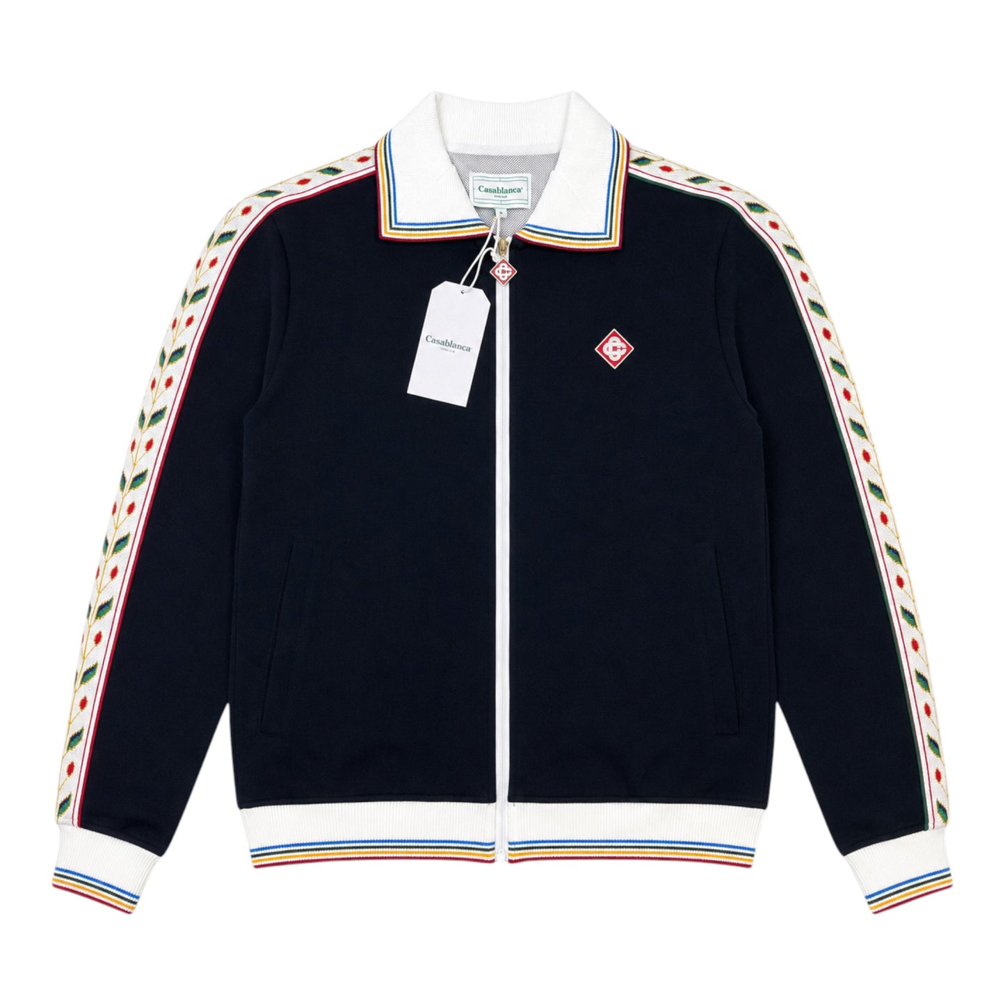 OFFCODE.USA Casablanca Laurel Track Jacket in navy with embroidered laurel detail on sleeves and striped collar.