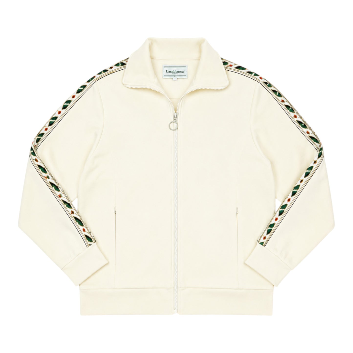 OFFCODE.USA Casablanca Laurel Track Top in cream with decorative stripe detail on sleeves and collar. Full zip closure.