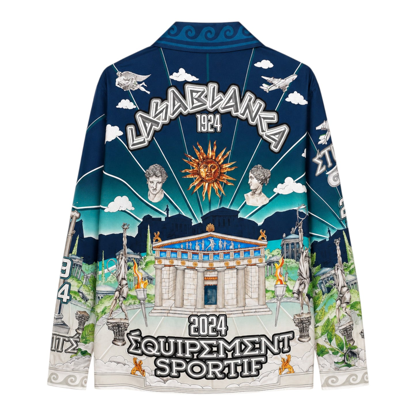 OFFCODE.USA Casablanca Le Temple Du Sport Silk Shirt with a vibrant blue, green, and white graphic print featuring ancient Greek architecture, statues, sun, and planes.