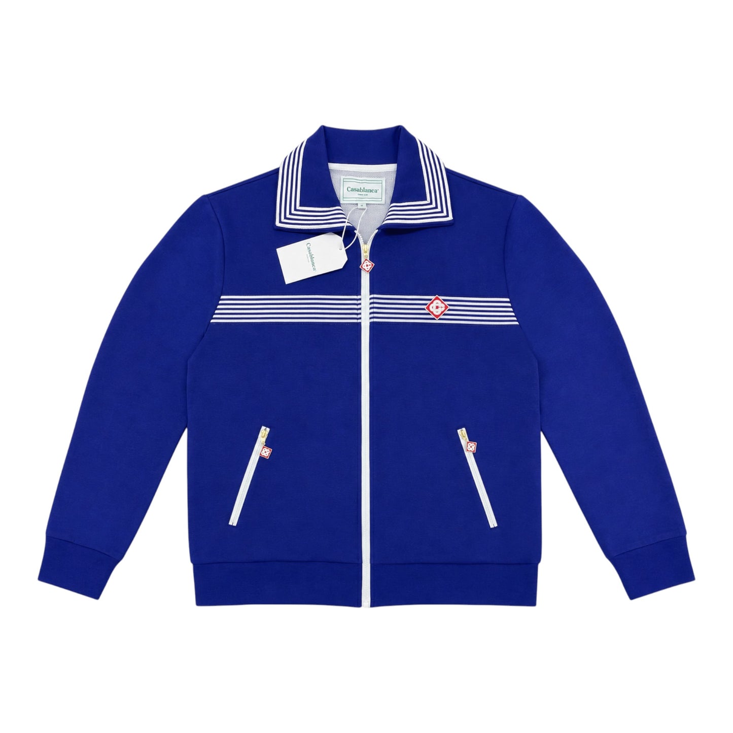 OFFCODE.USA Casablanca striped sailor-collar track jacket in royal blue with white trim and zipper.
