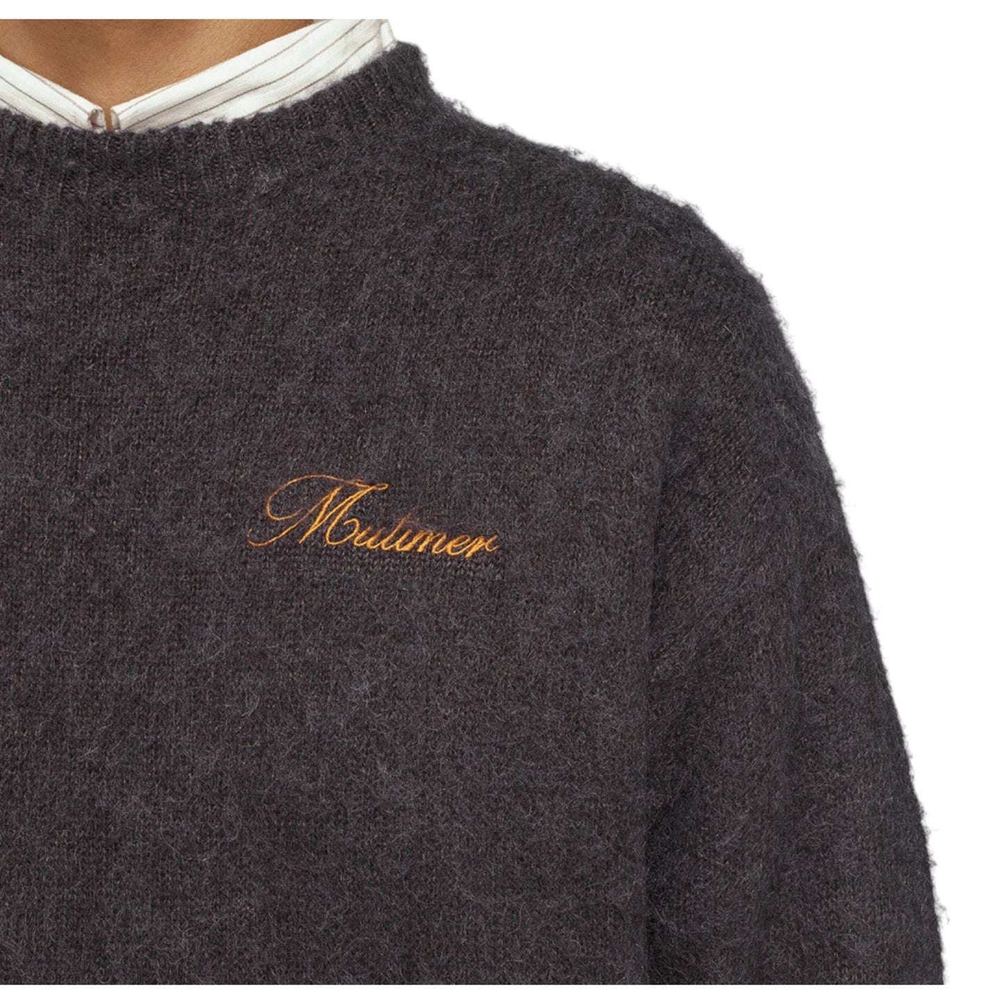 OFFCODE.USA charcoal shaggy mohair blend knit sweater with embroidered logo on chest.
