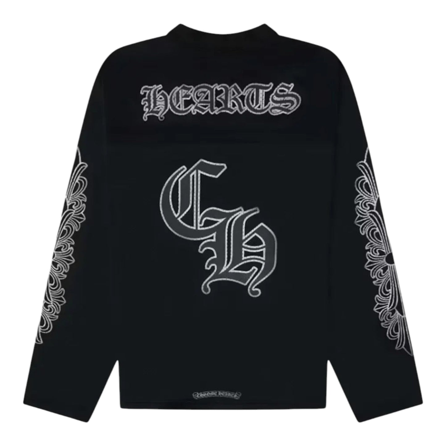 OFFCODE.USA Chrome Hearts black mesh long sleeve jersey with gothic lettering and ornate sleeve graphics