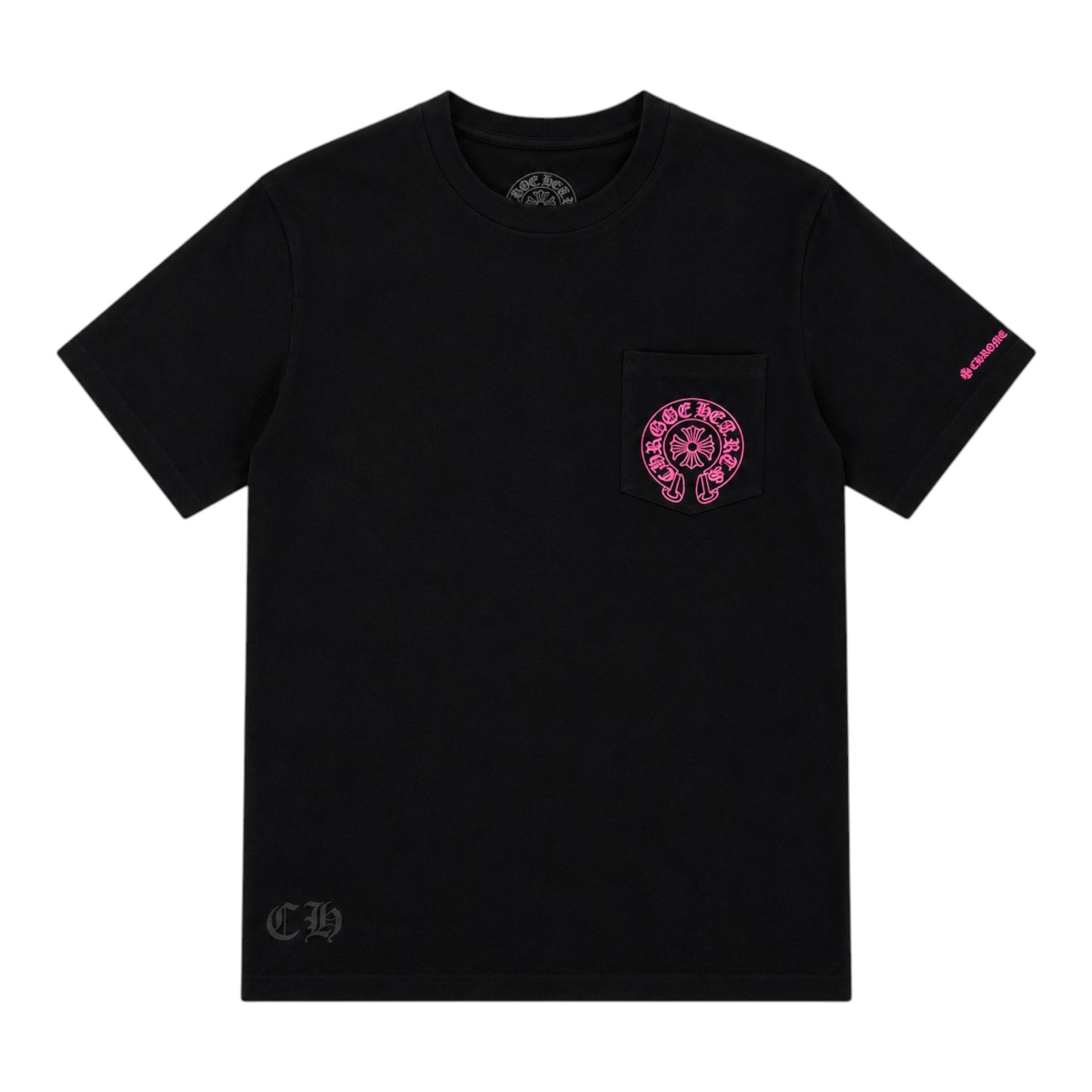 OFFCODE.USA Chrome Hearts black t-shirt with pink horseshoe logo on the chest pocket and sleeve detail.