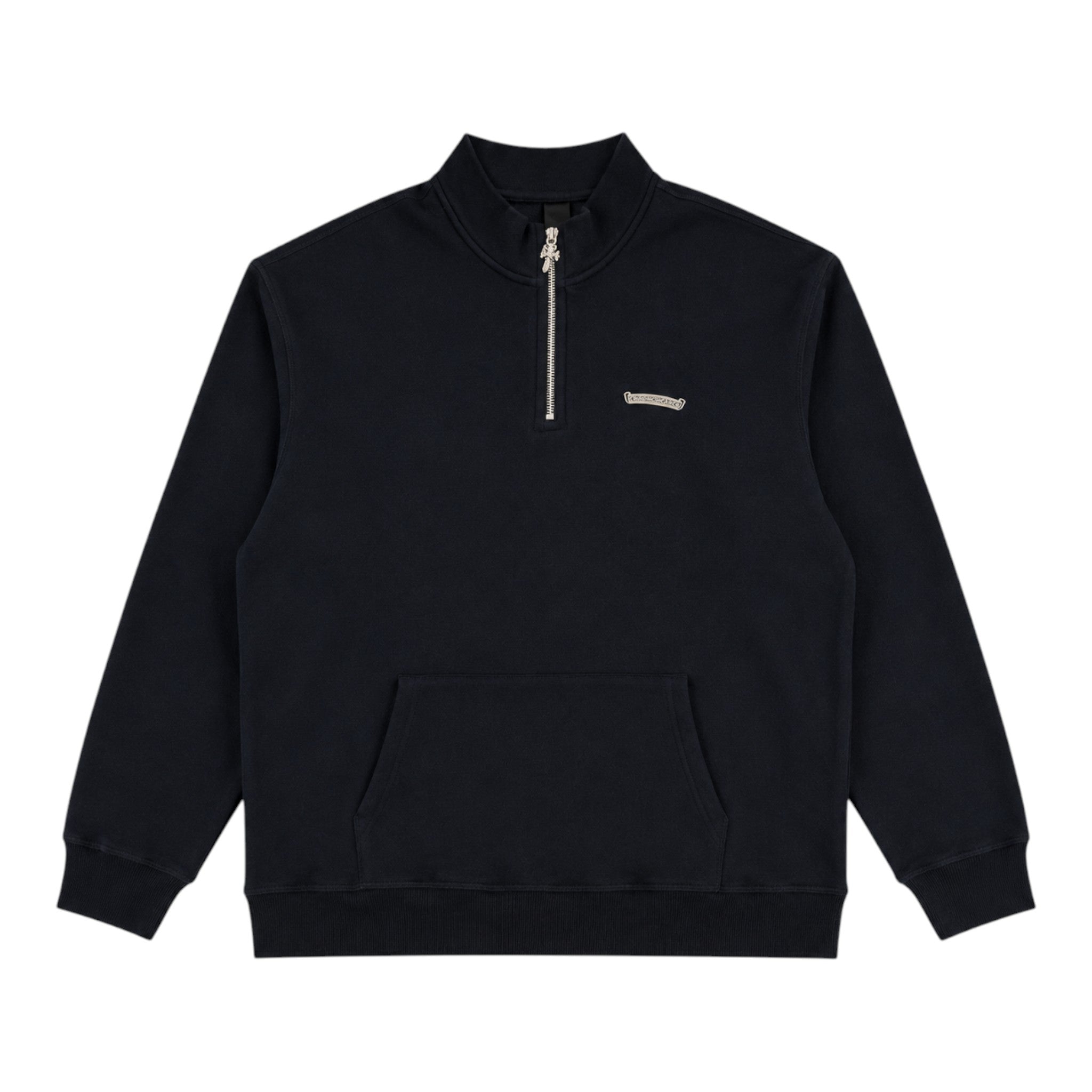 OFFCODE.USA Chrome Hearts black quarter zip sweatshirt featuring a silver cross zipper pull and chest logo.