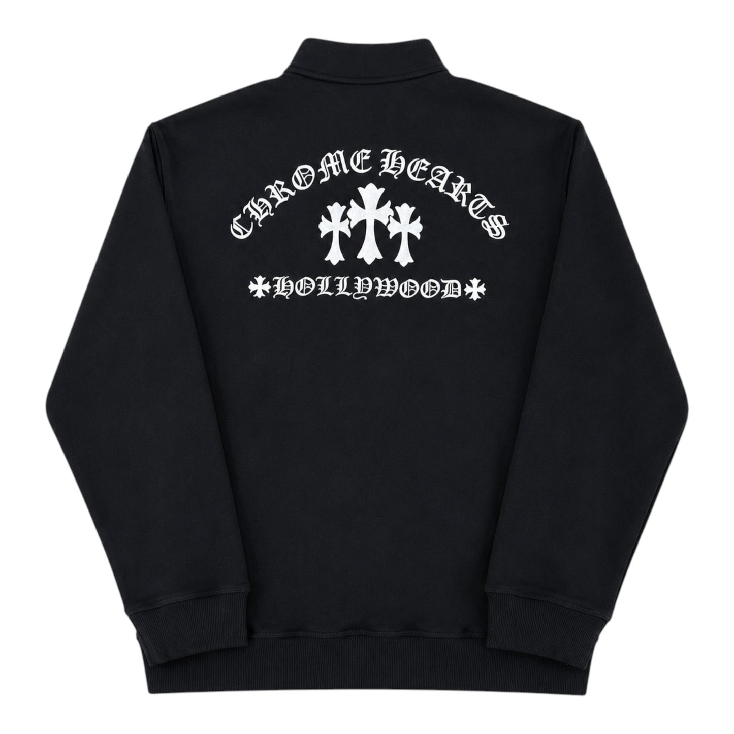 OFFCODE.USA black Chrome Hearts Triple Cross Hollywood quarter zip sweatshirt with white back graphic