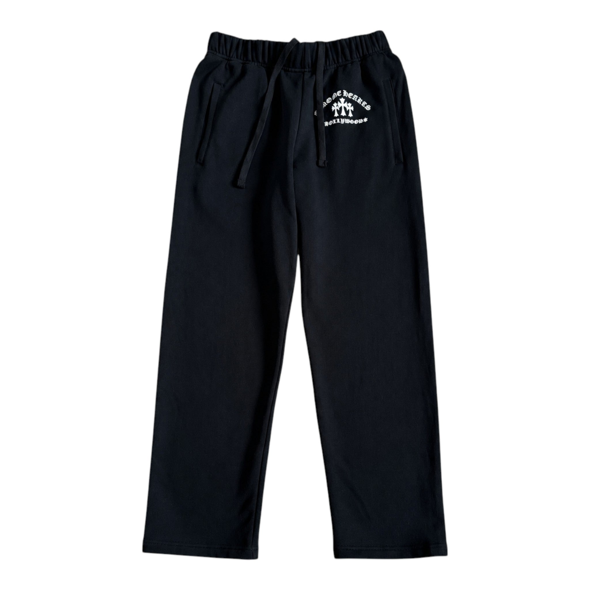 OFFCODE.USA black Chrome Hearts King Taco sweatpants featuring white triple cross embroidery and an elastic waistband.