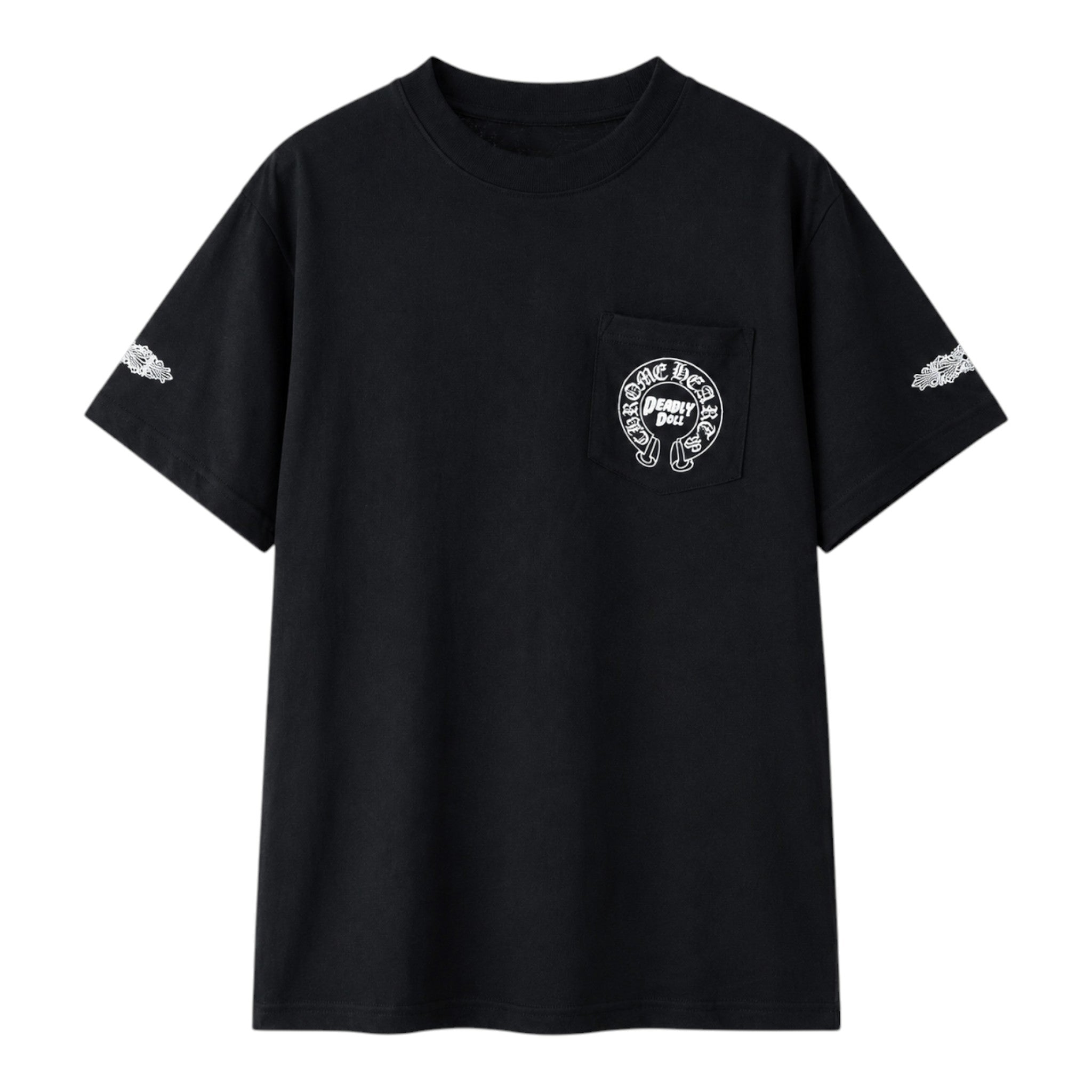 OFFCODE.USA black short sleeve t-shirt with Chrome Hearts x Deadly Doll chest pocket logo and sleeve graphic