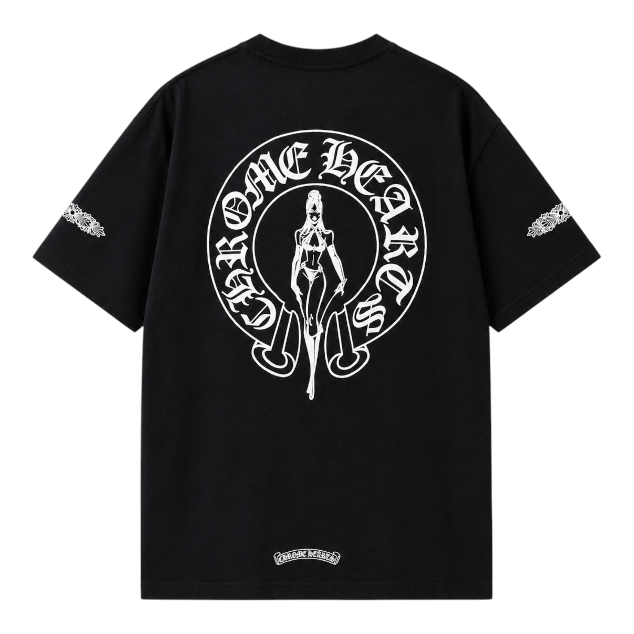 OFFCODE.USA black short sleeve t-shirt featuring a white Chrome Hearts x Deadly Doll graphic on the back