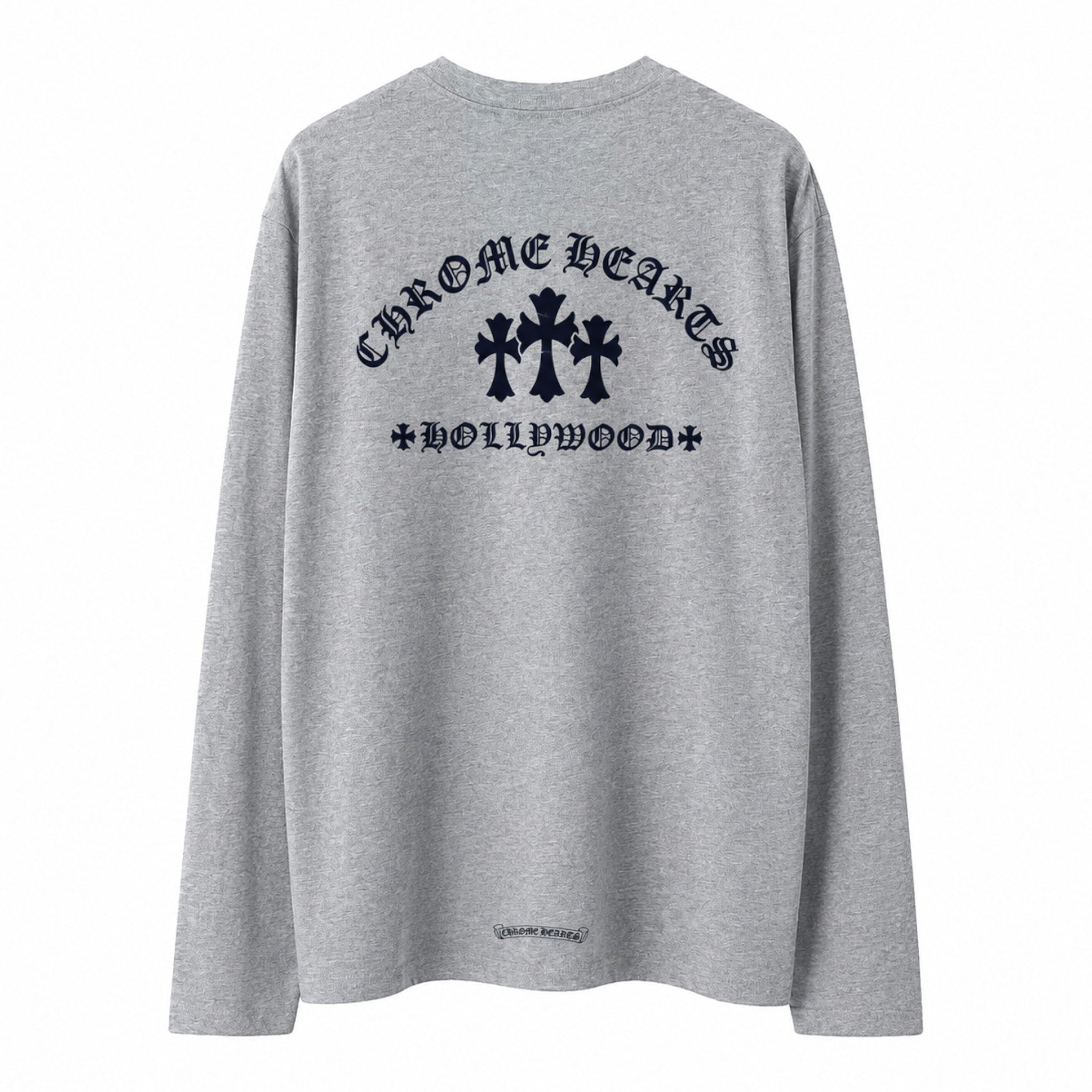 OFFCODE.USA grey long sleeve t-shirt featuring a black Chrome Hearts Triple Cross Hollywood graphic on the back