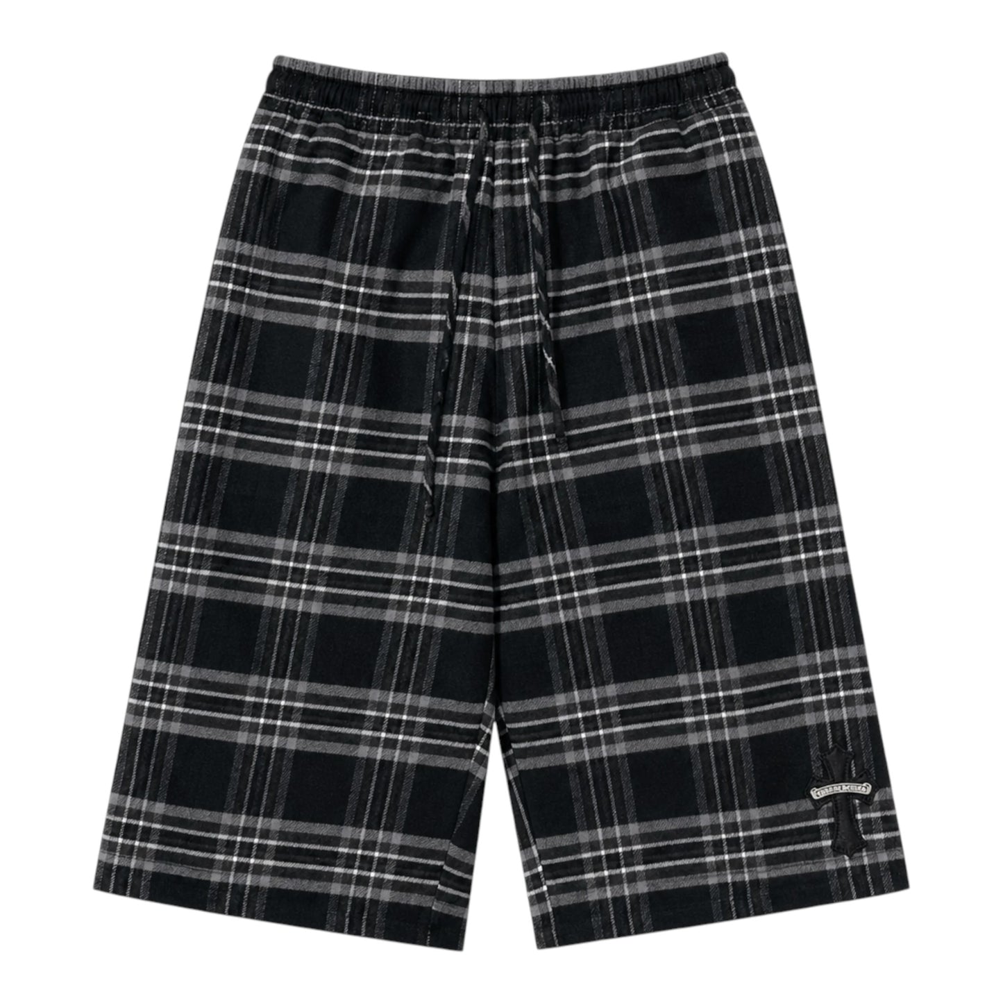 OFFCODE.USA Chrome Hearts grey plaid flannel shorts featuring a black cross patch detail and an elastic drawstring waist