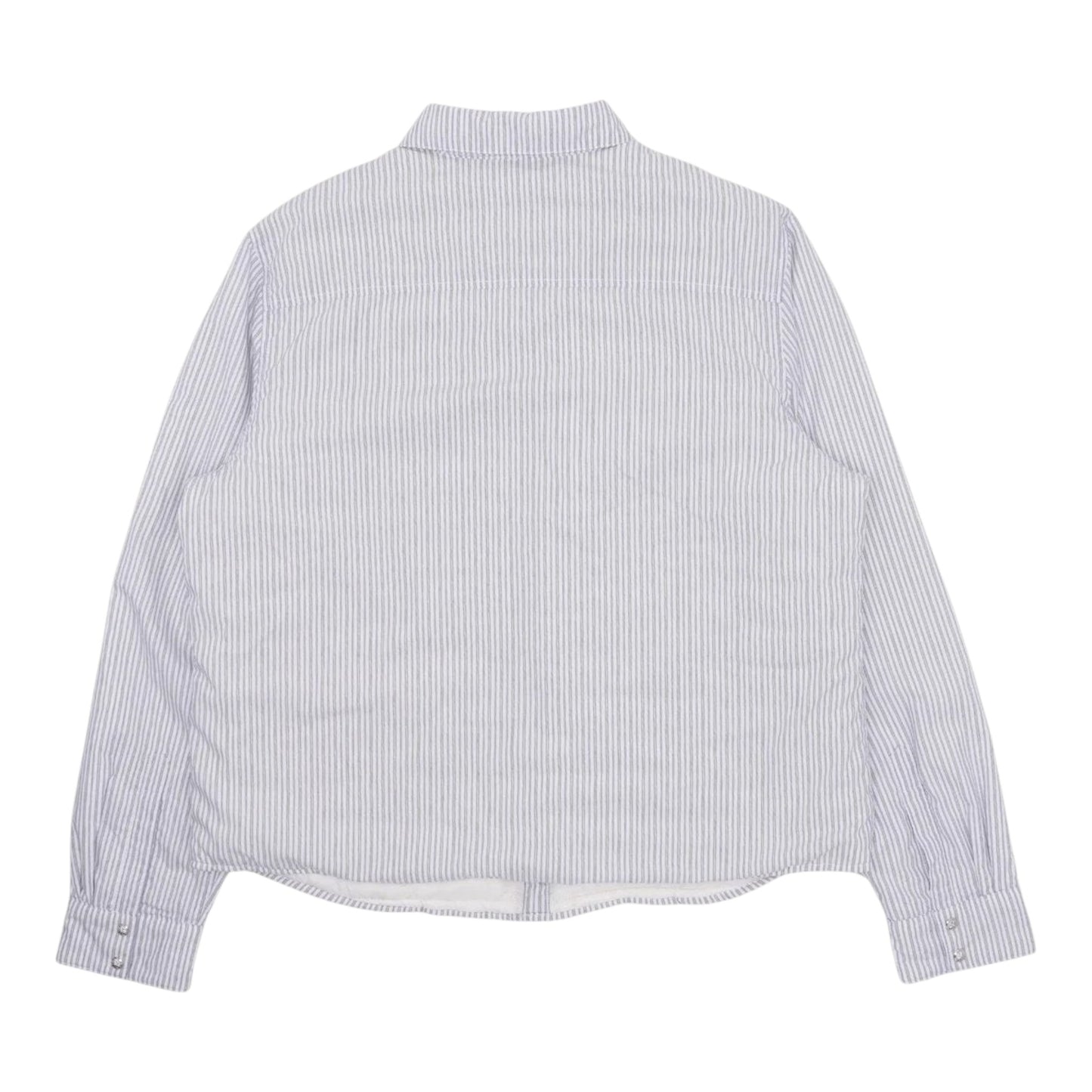 OFFCODE.USA Chrome Hearts blue and white striped insulated shirt jacket with button cuffs, back view