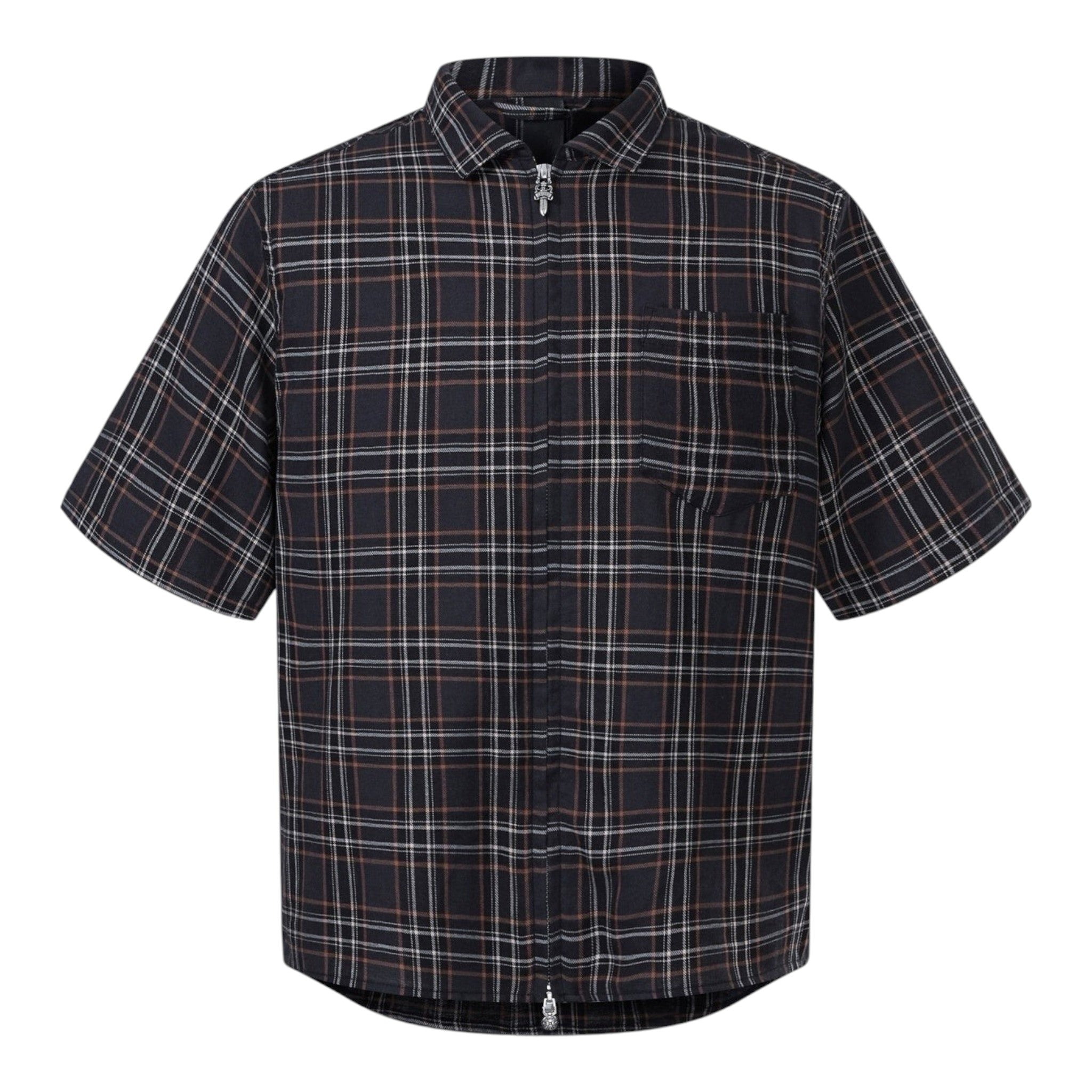 Chrome Hearts Tartan Sword Zipper Short-Sleeve Shirt, front view