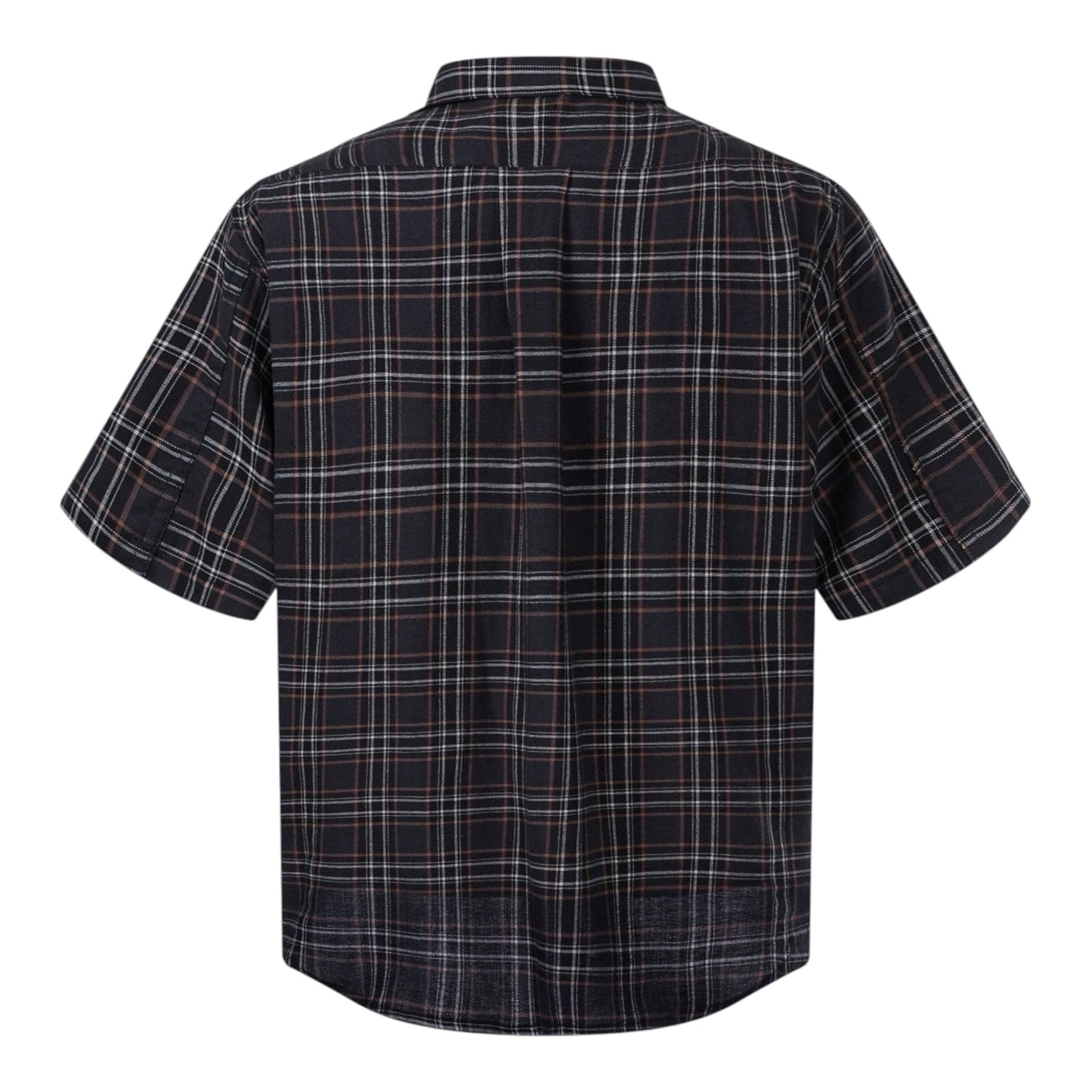 OFFCODE.USA Chrome Hearts short-sleeve shirt in a dark tartan plaid pattern with a classic collar, back view.