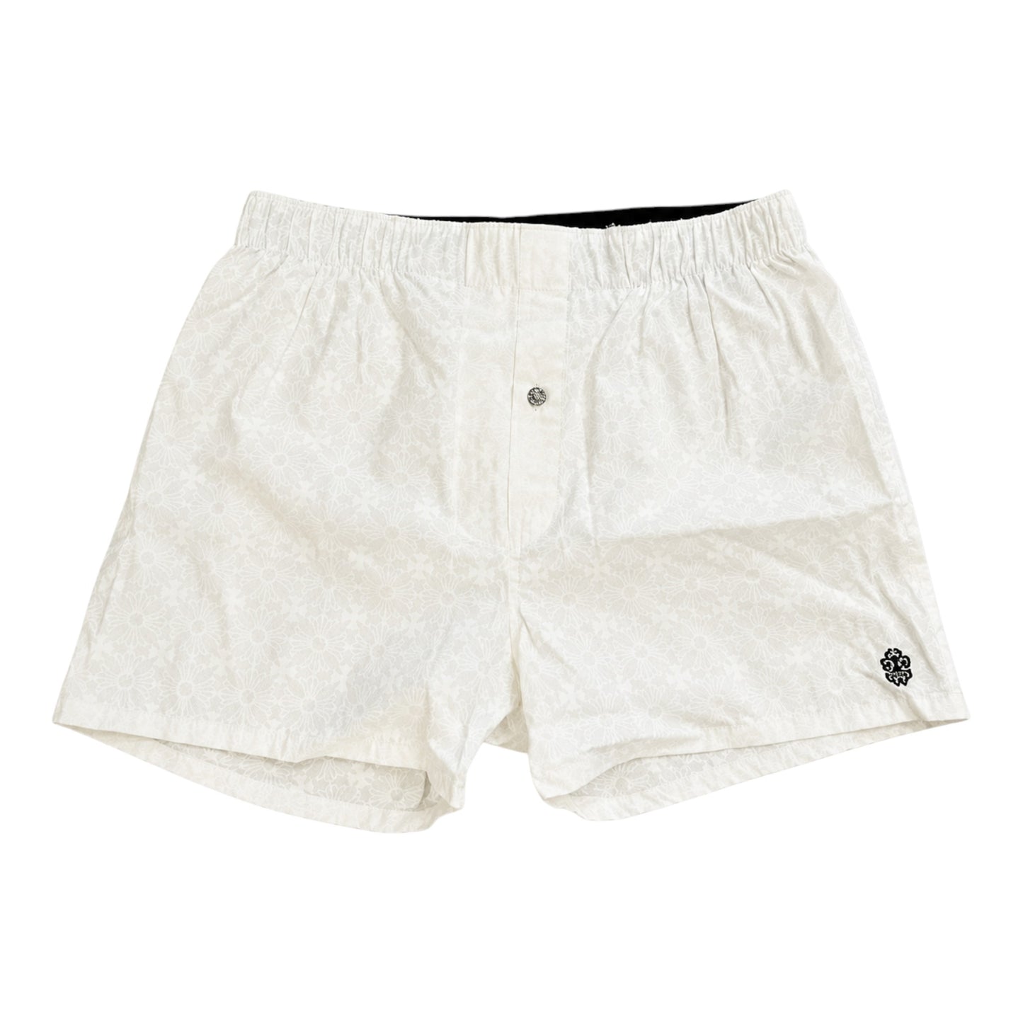 OFFCODE.USA Chrome Hearts white silk boxers with subtle floral pattern and small black logo embroidery on the hem.