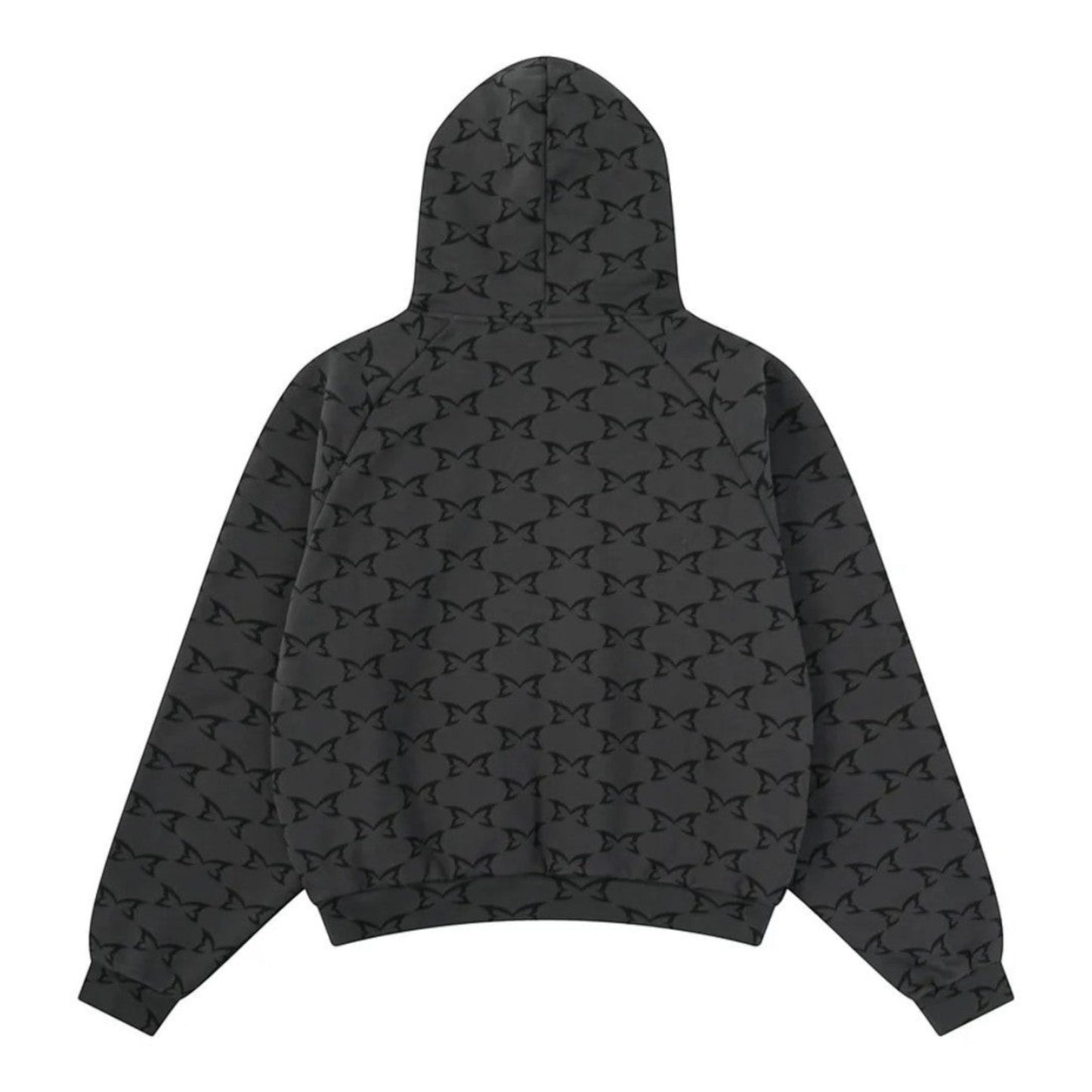 OFFCODE.USA dark grey hoodie with all-over digital printed monogram pattern, seamless hood, boxy fit.