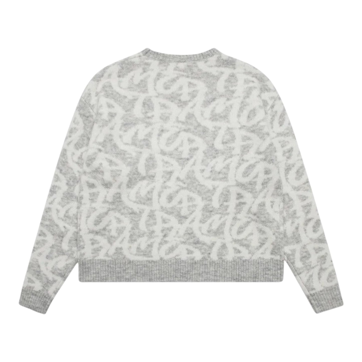OFFCODE.USA grey alpaca-wool blend sweater with all over monogram logo pattern and boxy fit.