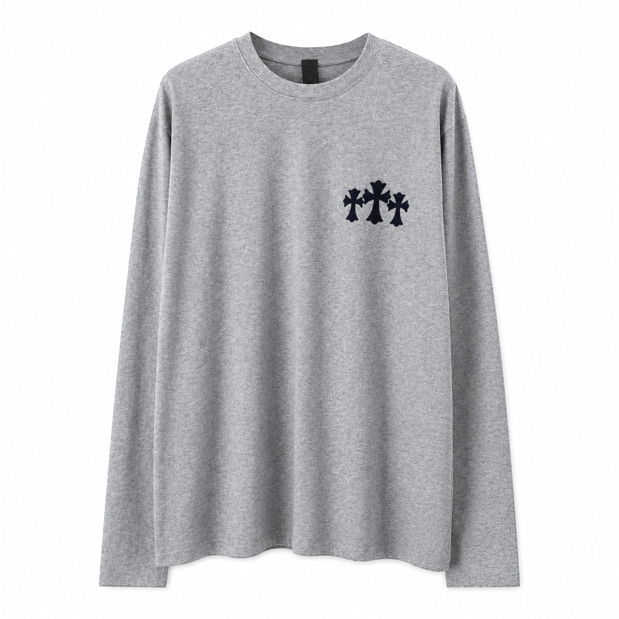 OFFCODE.USA grey long sleeve t-shirt featuring a black triple cross logo on the chest
