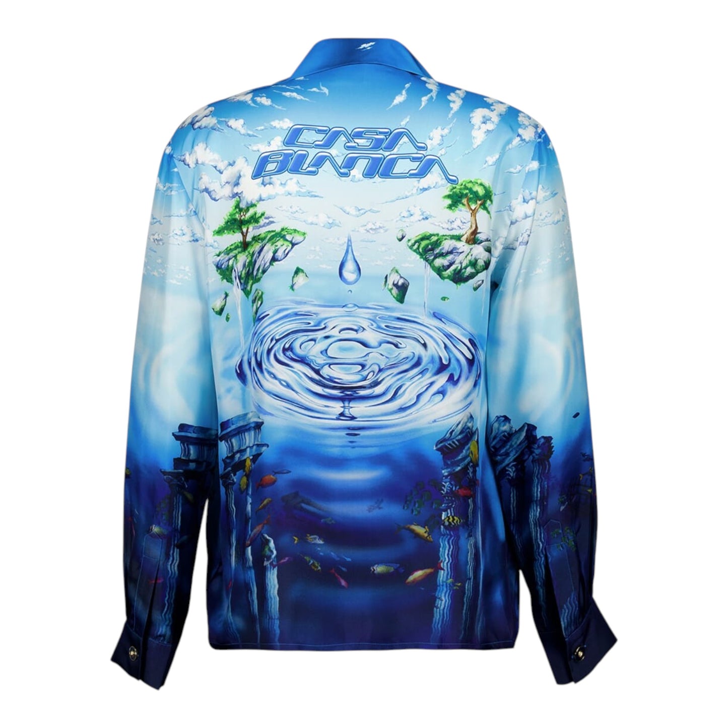 OFFCODE.USA Lost Atlantis silk Cuban shirt with a surreal digital print of floating islands, aquatic life, and oceanic hues.
