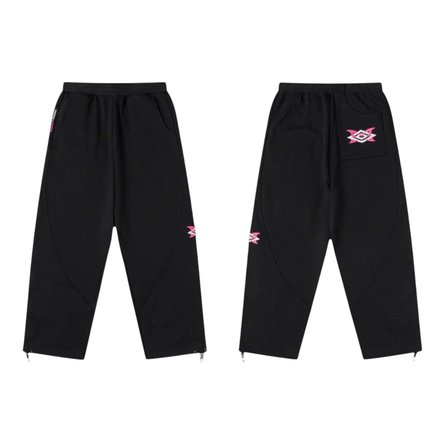 OFFCODE.USA MERTRA x Umbro black joggers with pink embroidered logo detail on leg and back pocket. Zippers at ankle.
