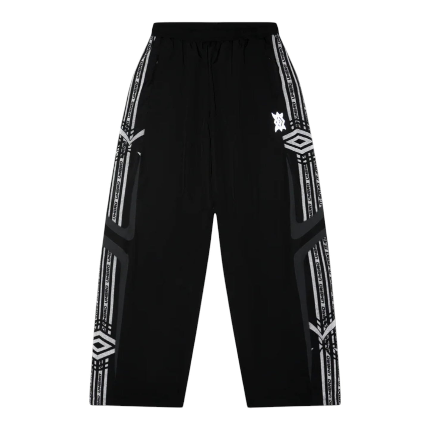 OFFCODE.USA MERTRA x Umbro technical track pants in black with white Umbro tape detailing and logo accents.