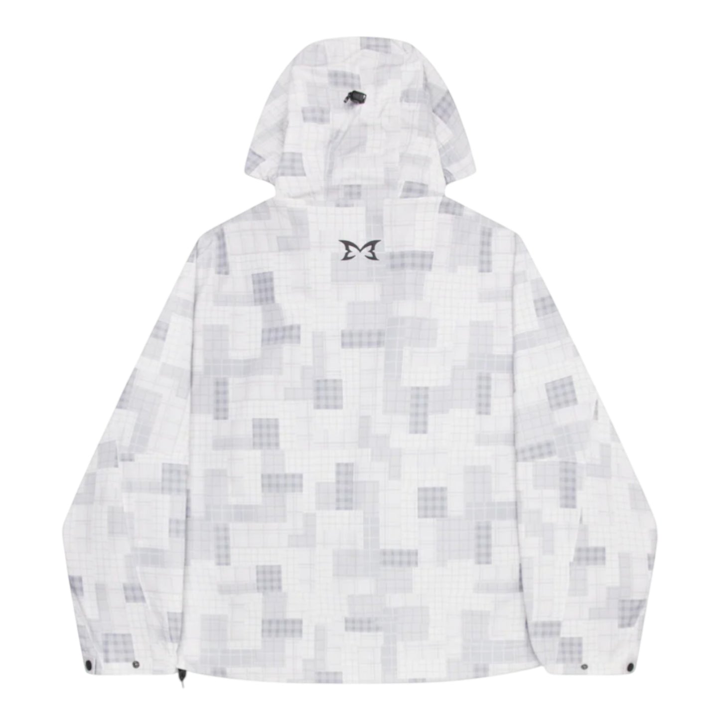 OFFCODE.USA Patchwork Plaid Jacket with hood, waterproof polyester shell, mesh lining, and waist toggles.