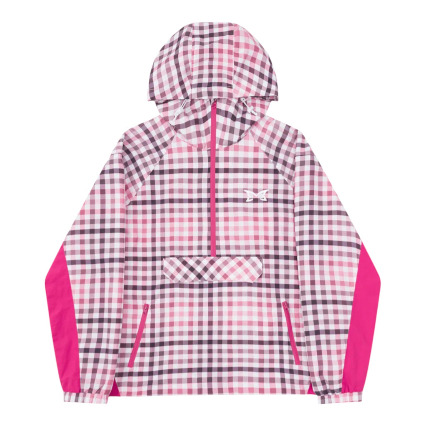 OFFCODE.USA pink and white plaid softshell jacket with a hood and quarter zip. Features a kangaroo pocket and side zip pockets.