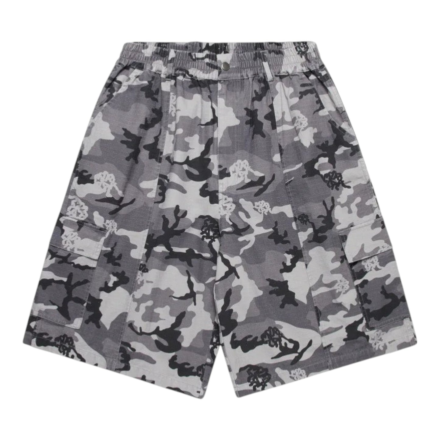 OFFCODE.USA grey camouflage ripstop cargo shorts with elasticated waistband and button cargo pockets.