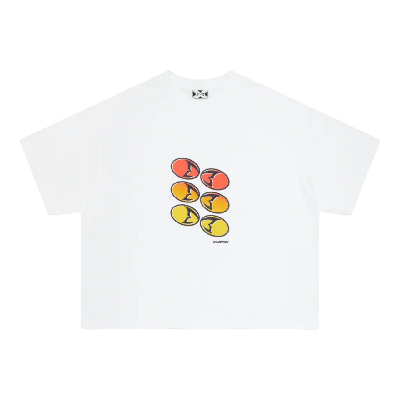 OFFCODE.USA white 100% cotton boxy fit t-shirt with embroidered graphic of six orange and yellow oval shapes.