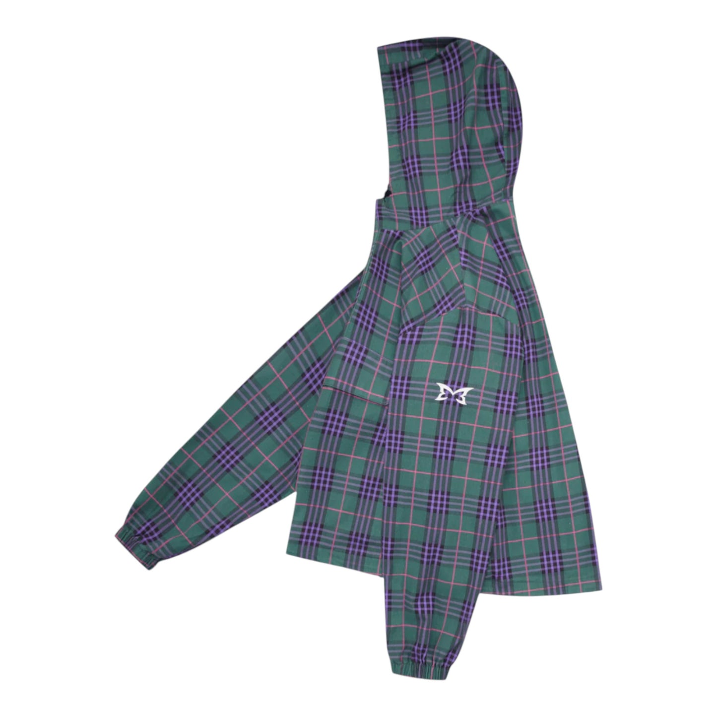 OFFCODE.USA green and purple tartan plaid hooded jacket with white logo emblem on sleeve.