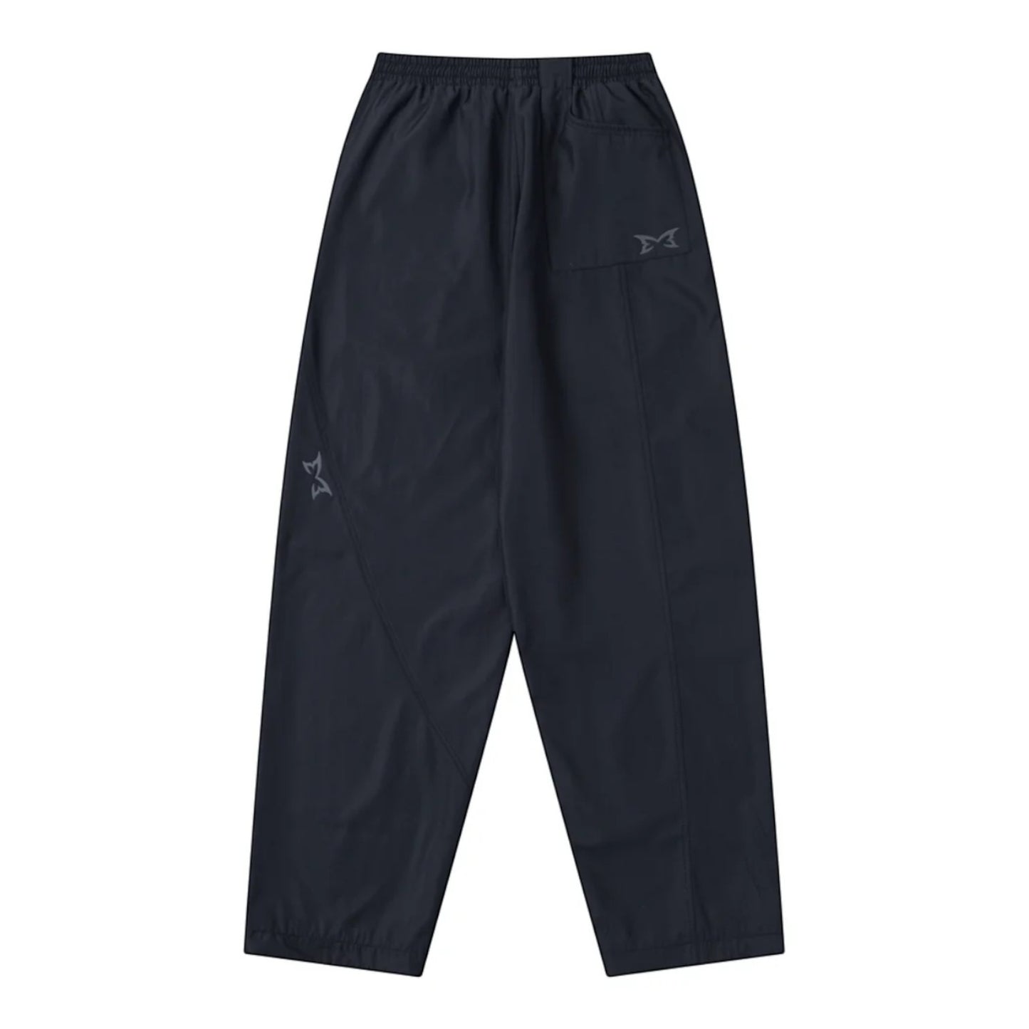 OFFCODE.USA black tech joggers with reflective logos, asymmetrical paneling, and wide leg fit.